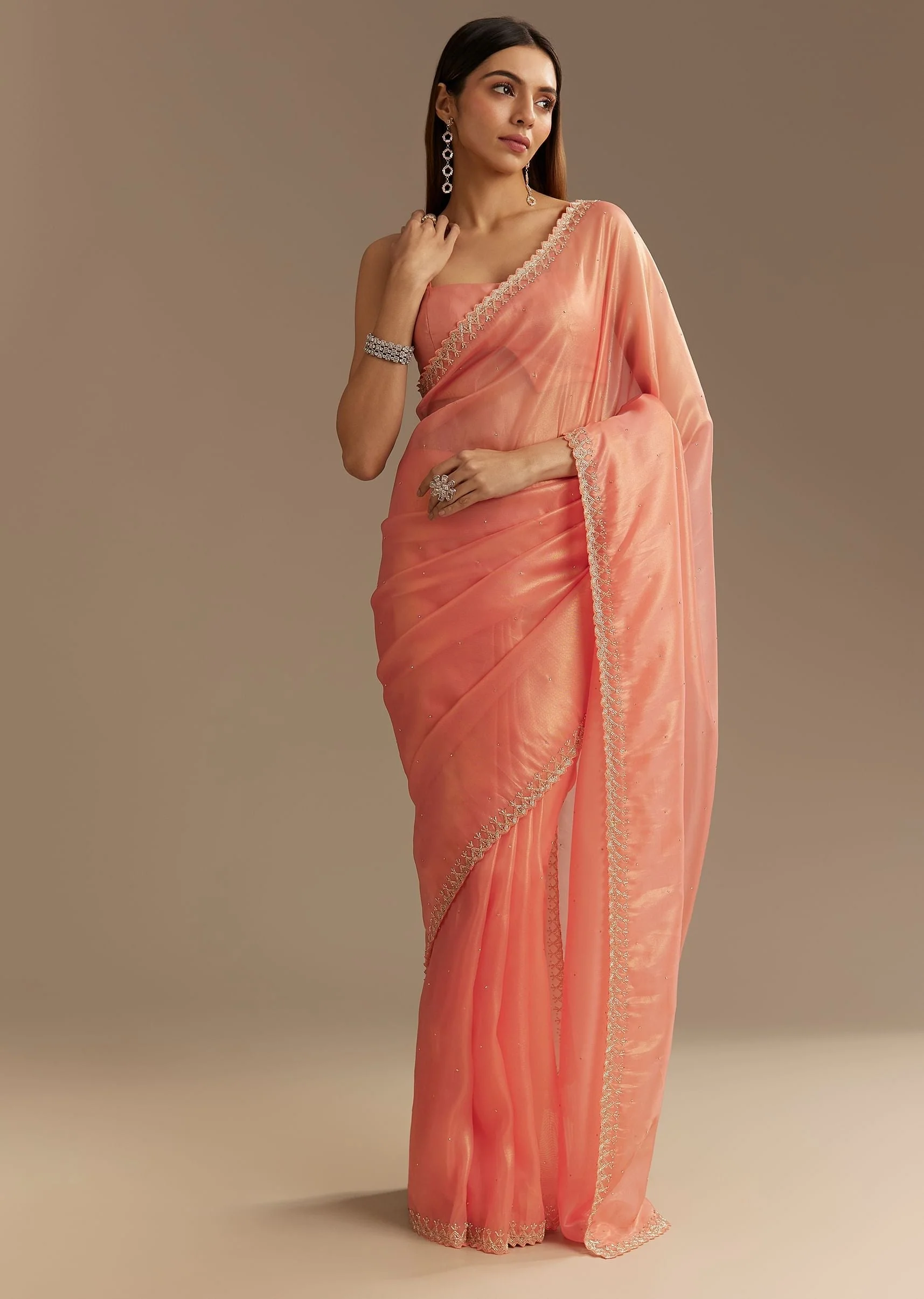 Peach Tissue Saree With Stones Cutdana Embellishments And Scallop Border - Image 5