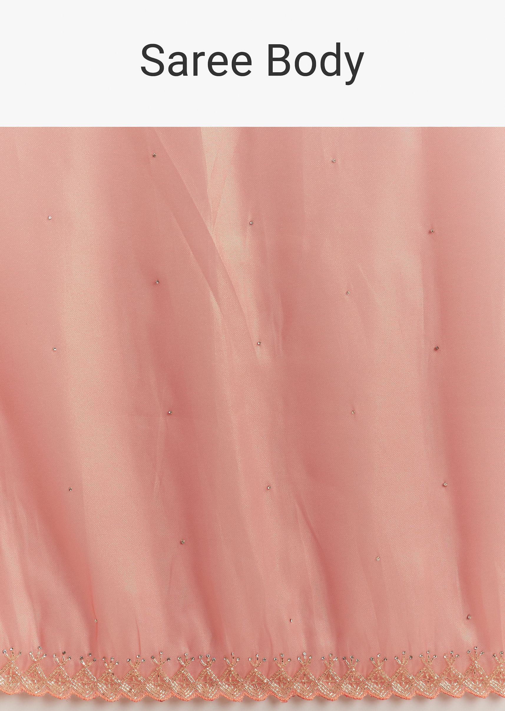 Peach Tissue Saree With Stones Cutdana Embellishments And Scallop Border - Image 9