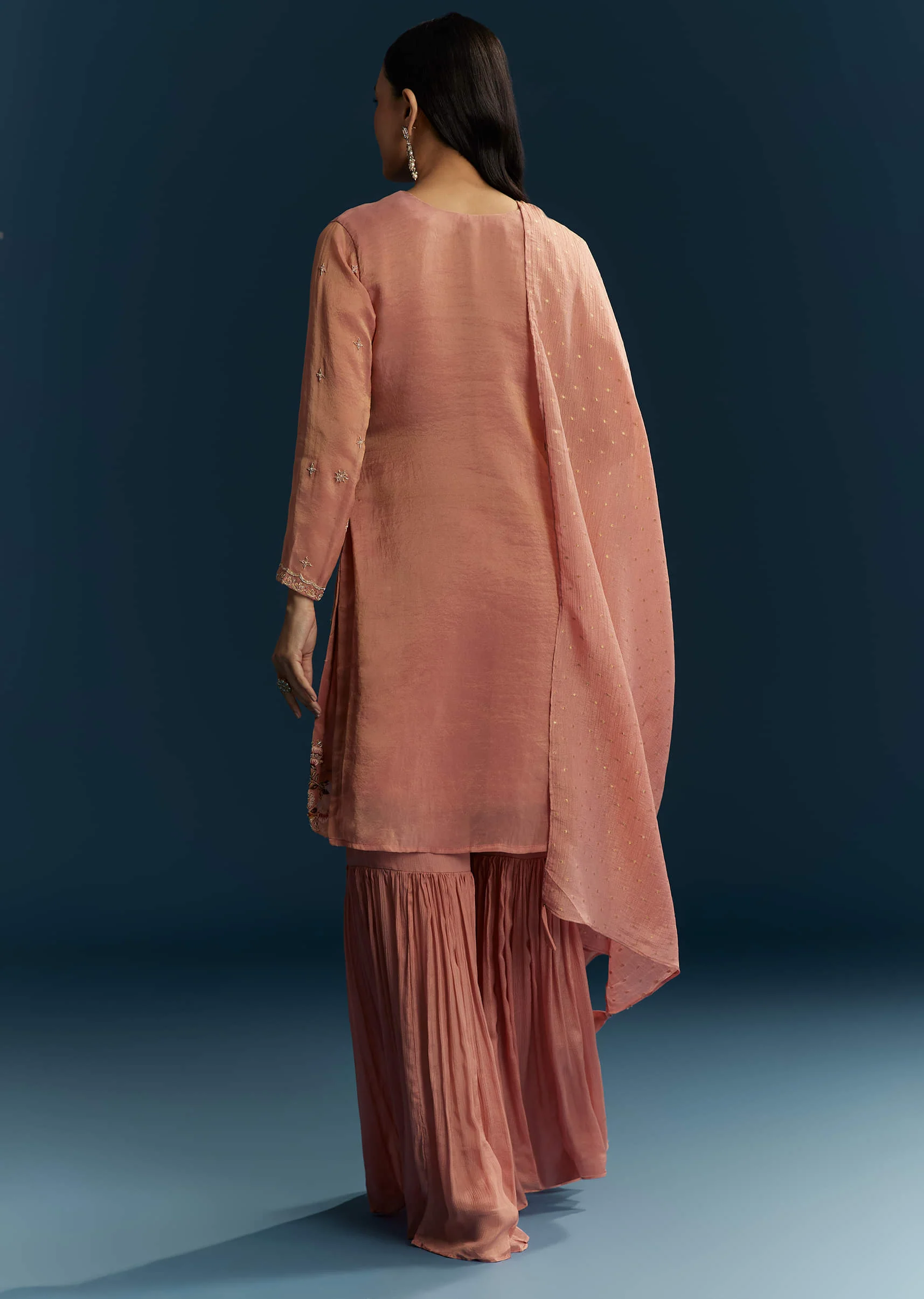 Peach Tissue Sharara Suit With Zardosi And Thread Work - Image 5