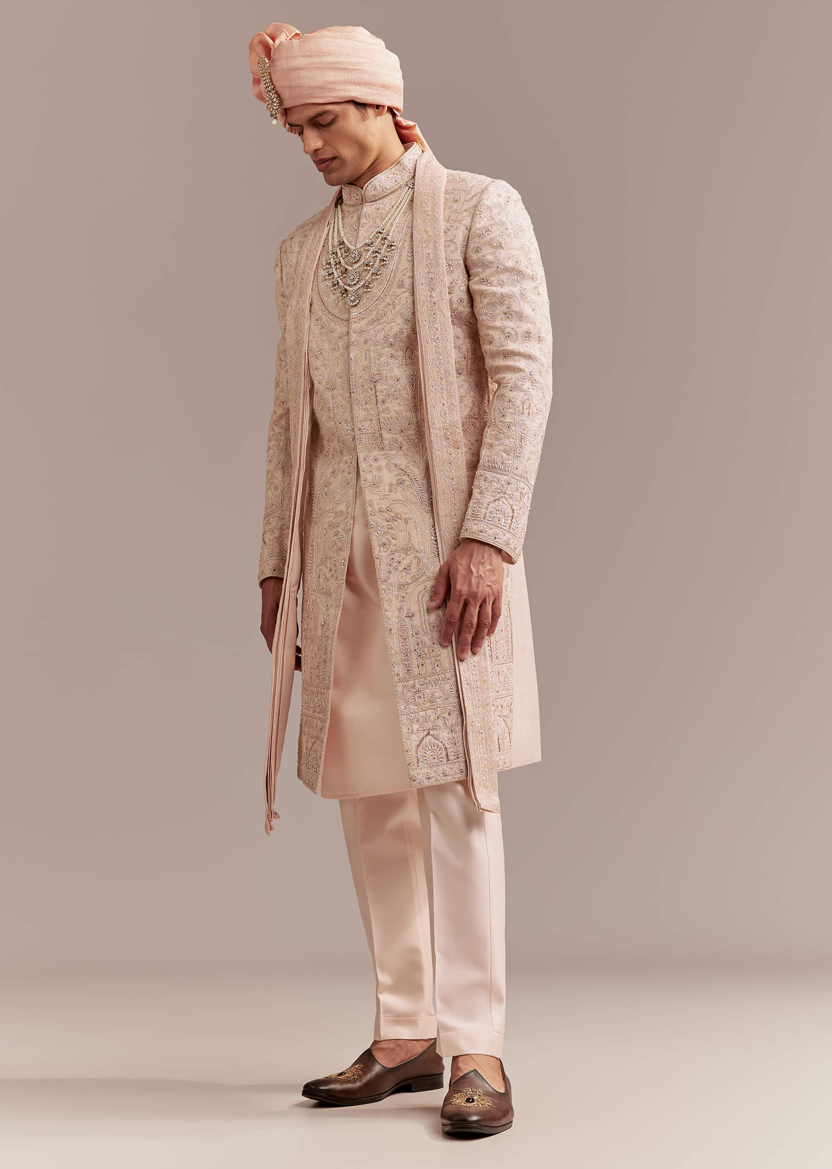 Peach Tissue Sherwani For Groom With Tonal Embroidery