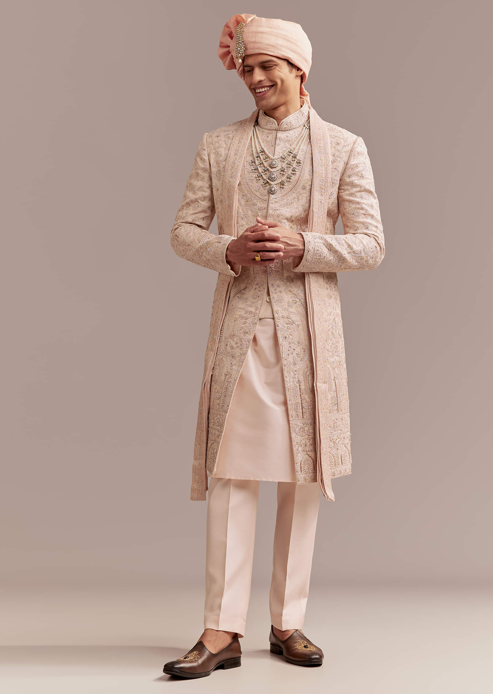 Peach Tissue Sherwani For Groom With Tonal Embroidery - Image 3