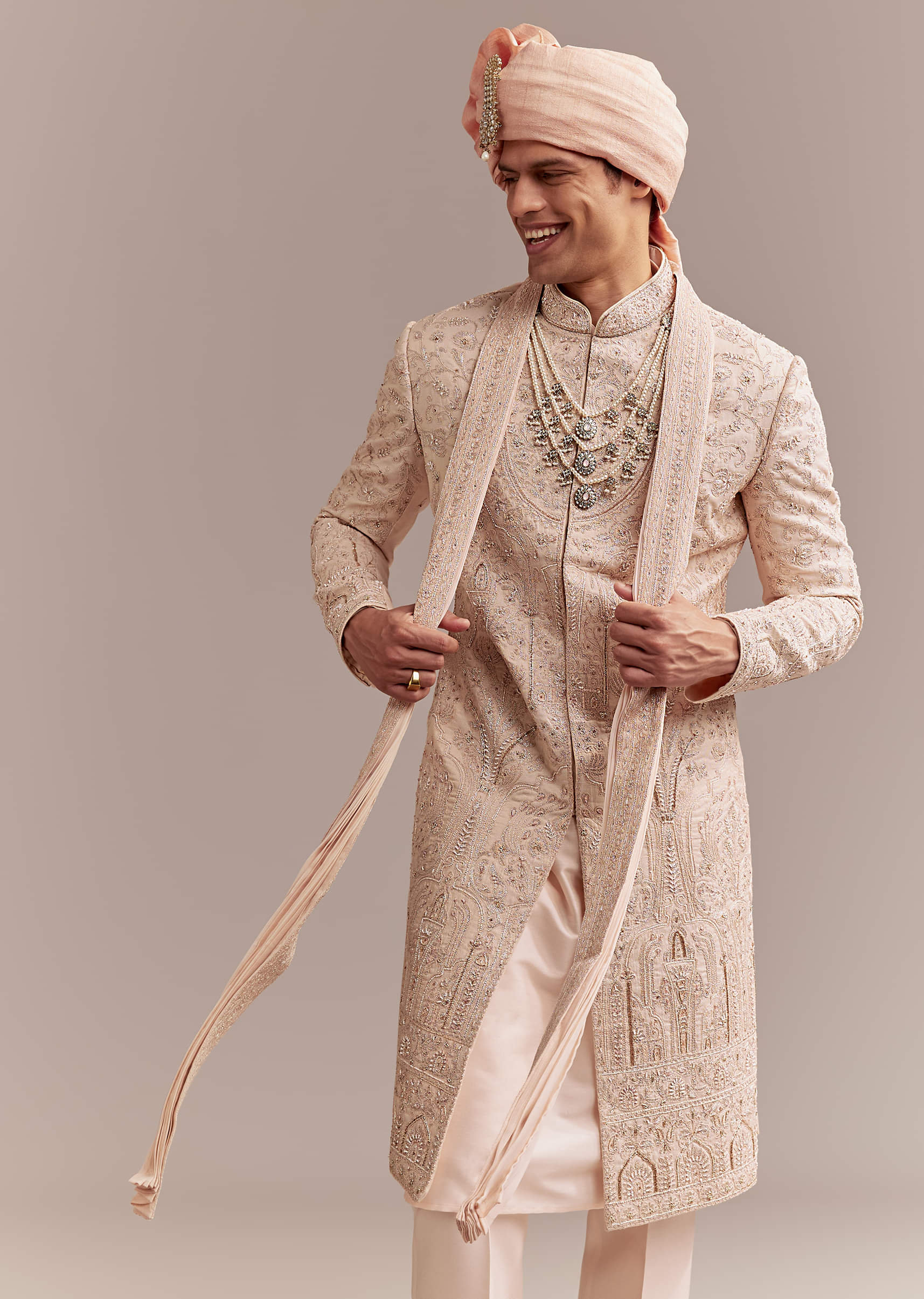 Peach Tissue Sherwani For Groom With Tonal Embroidery - Image 4