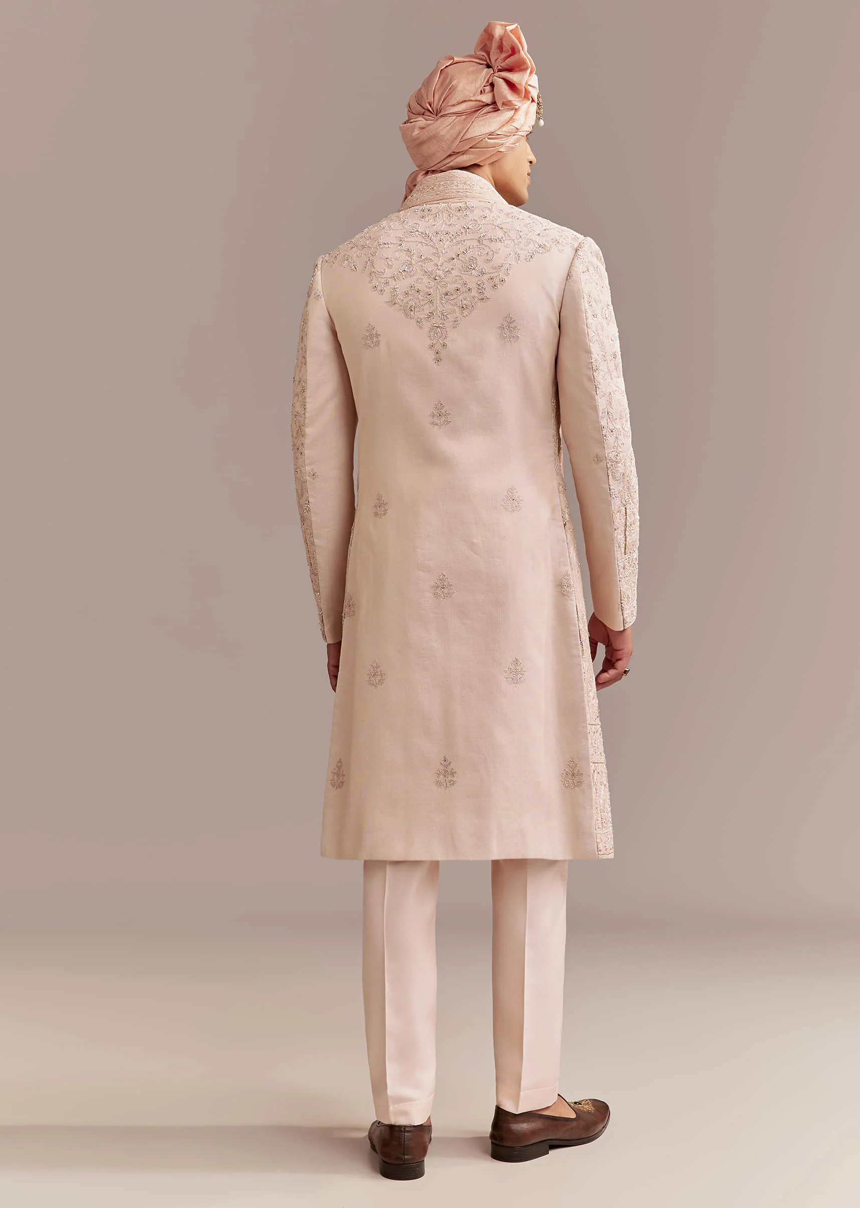 Peach Tissue Sherwani For Groom With Tonal Embroidery - Image 5