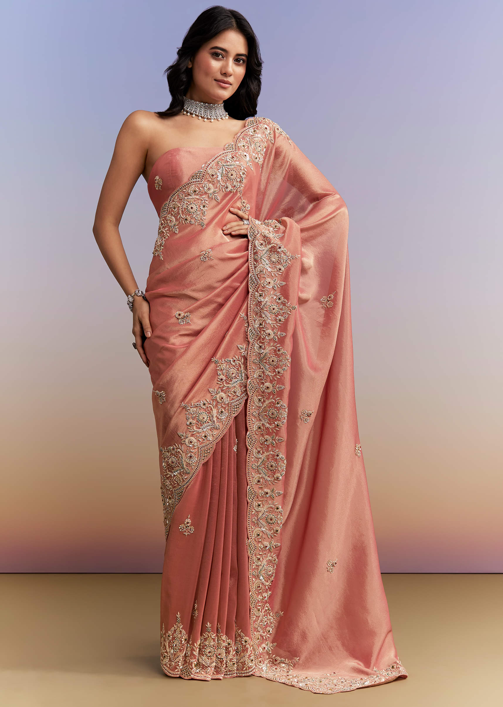 Peach Tissue Silk Saree With Heavy Hand Embroidery - Image 3