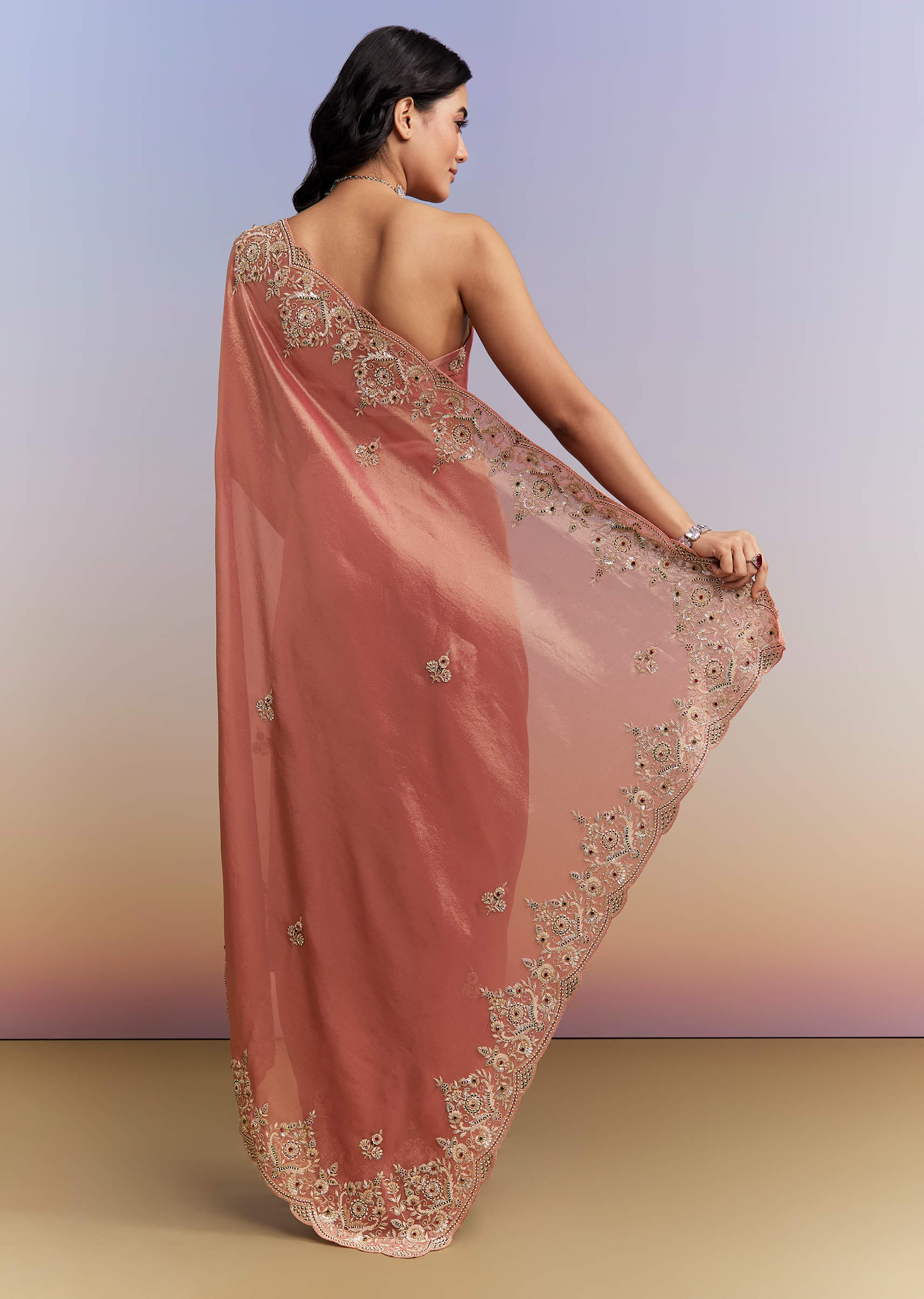 Peach Tissue Silk Saree With Heavy Hand Embroidery - Image 4