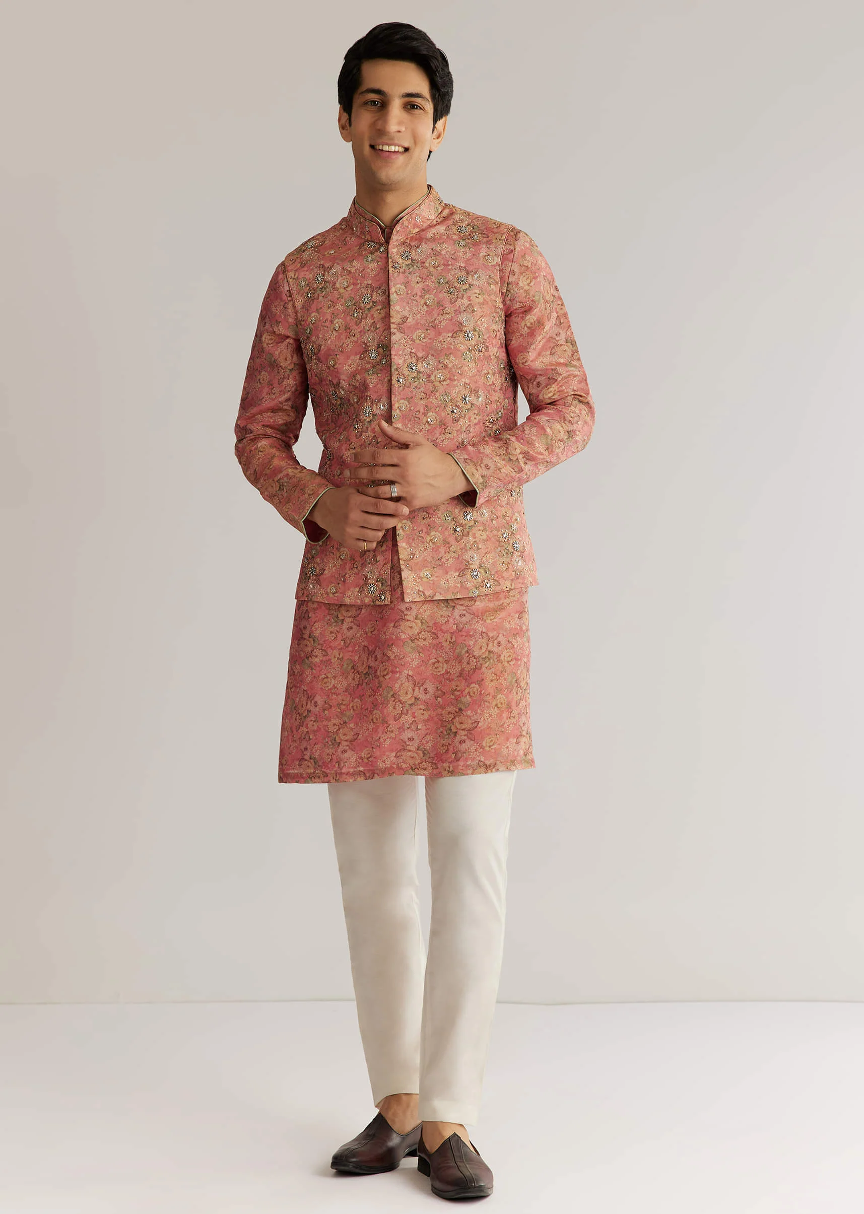 Peach Tissue Stone Sequin Work Kurta Jacket Set - Image 2
