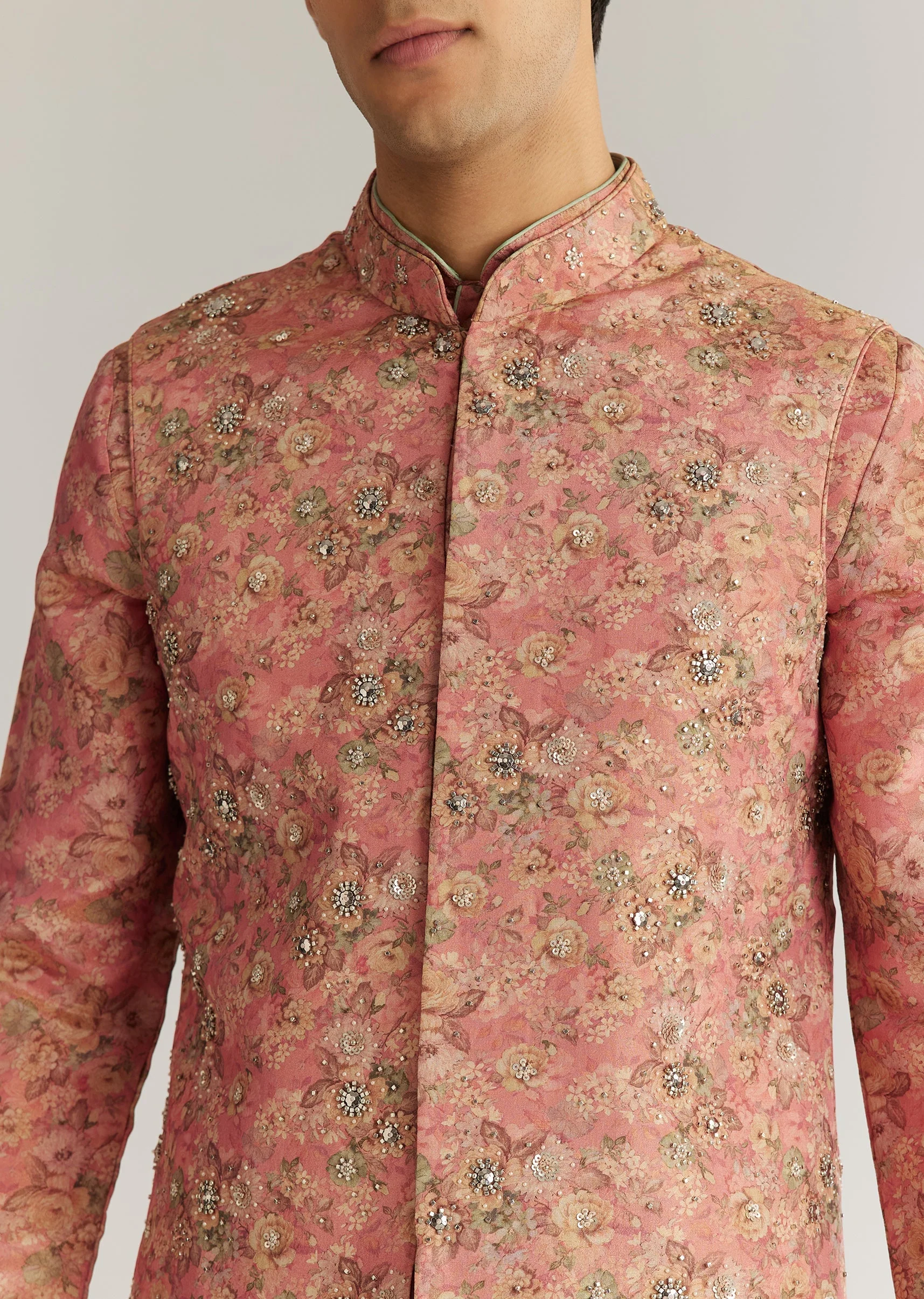 Peach Tissue Stone Sequin Work Kurta Jacket Set - Image 3