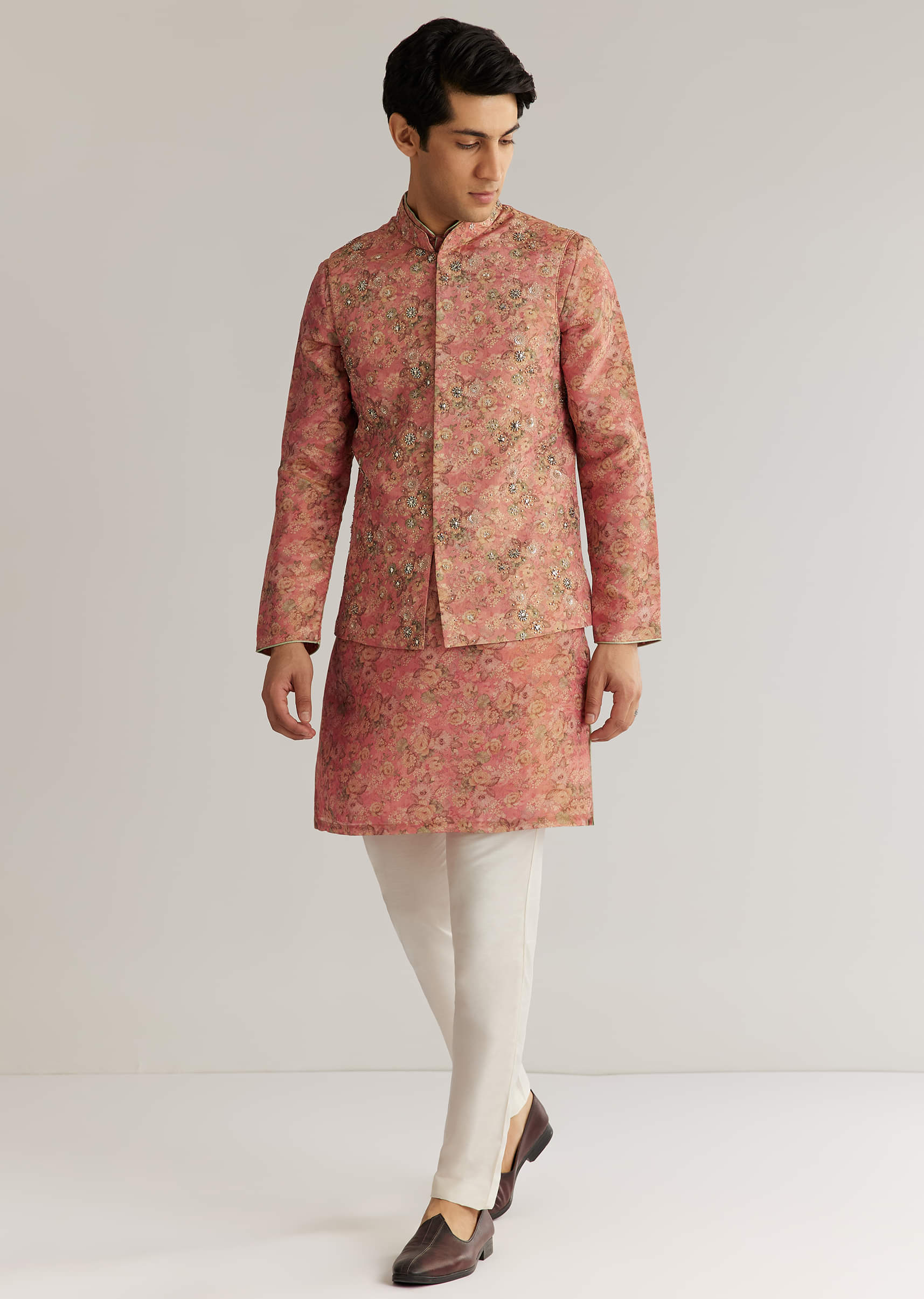 Peach Tissue Stone Sequin Work Kurta Jacket Set - Image 4