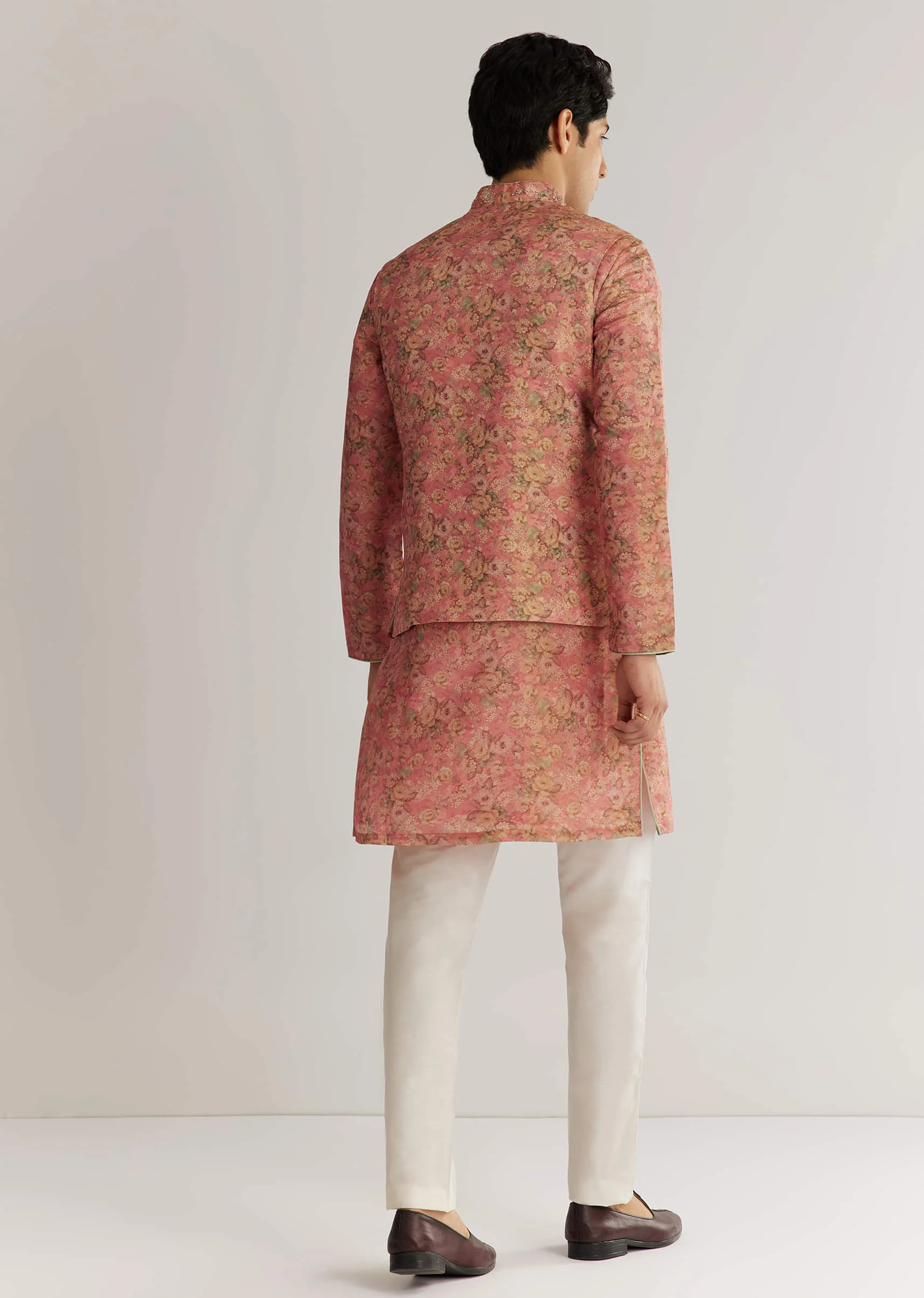 Peach Tissue Stone Sequin Work Kurta Jacket Set - Image 5