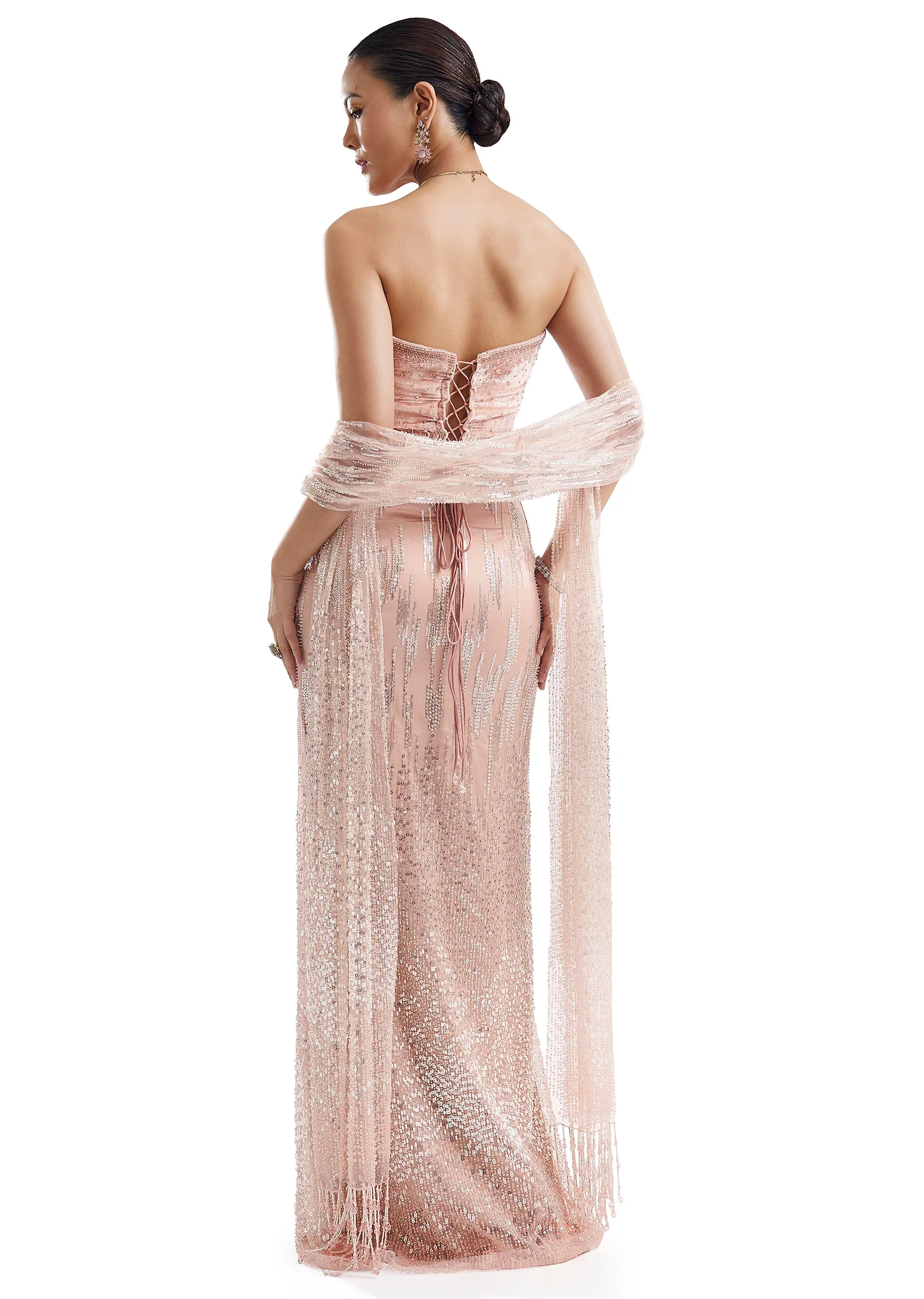 Peach Velvet Corset Lehenga With Embellished Dupatta - Image 2