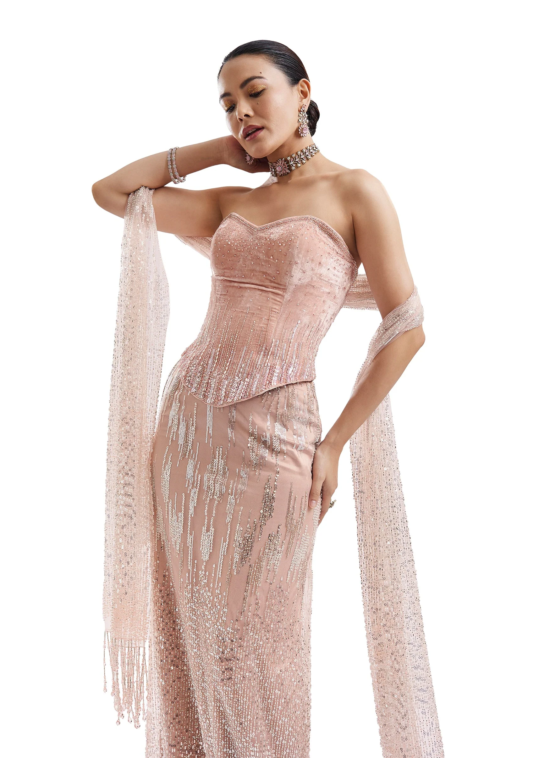 Peach Velvet Corset Lehenga With Embellished Dupatta - Image 5