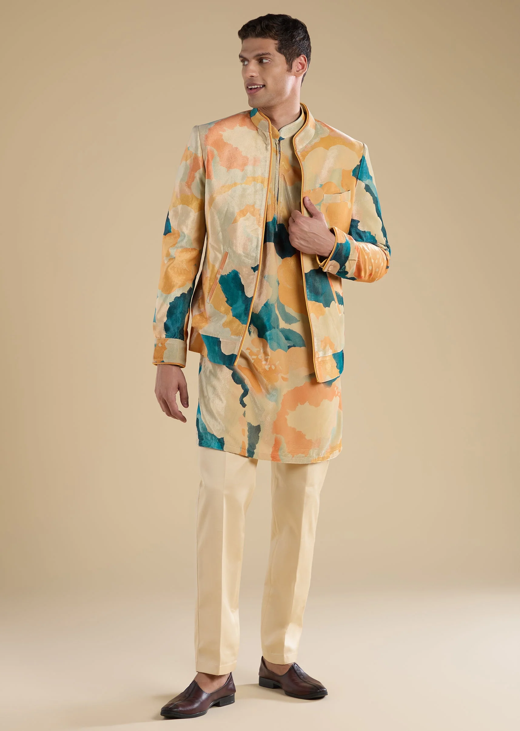 Peach Velvet Jodhpuri Set With Kurta And Pants