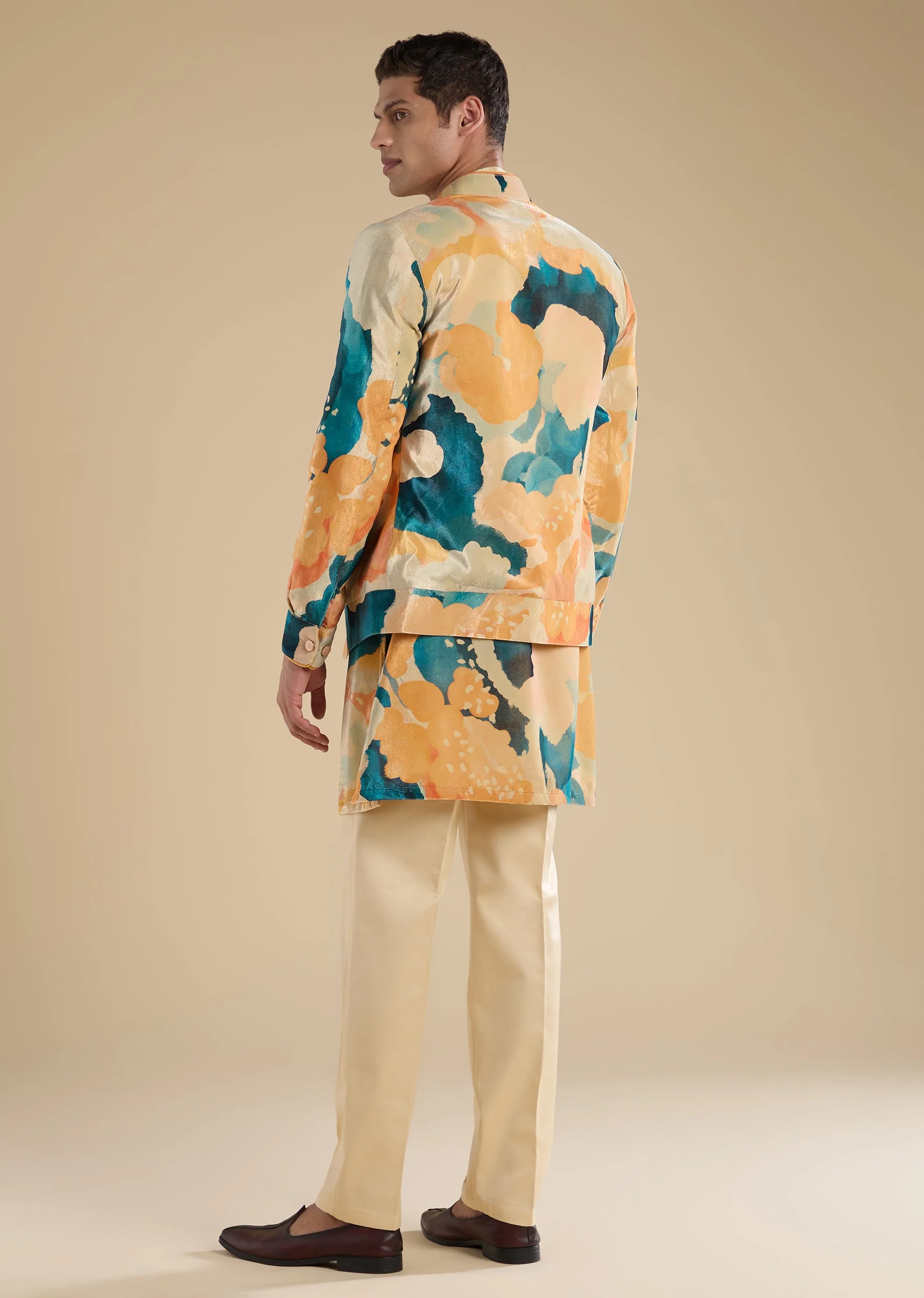 Peach Velvet Jodhpuri Set With Kurta And Pants - Image 5