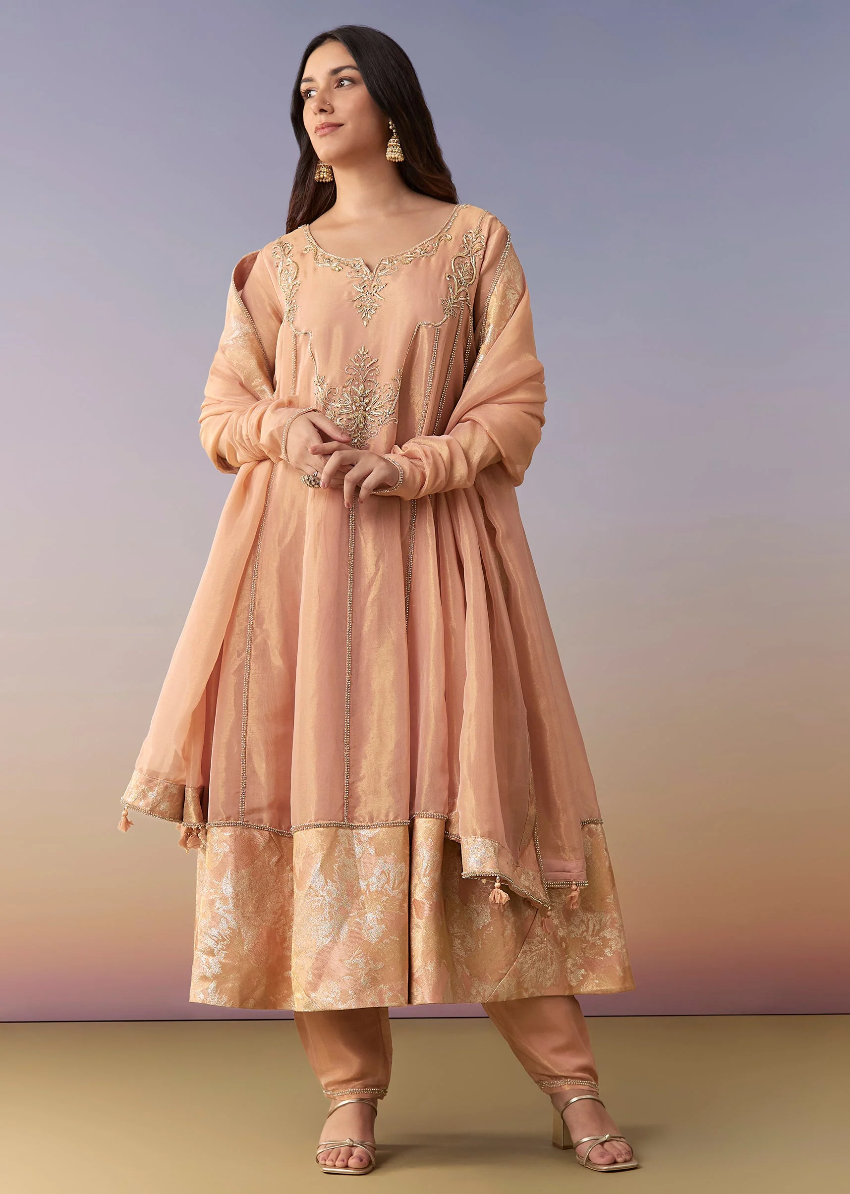Peach Zardosi Tissue Anarkali Suit Set With Pant And Dupatta - Image 3