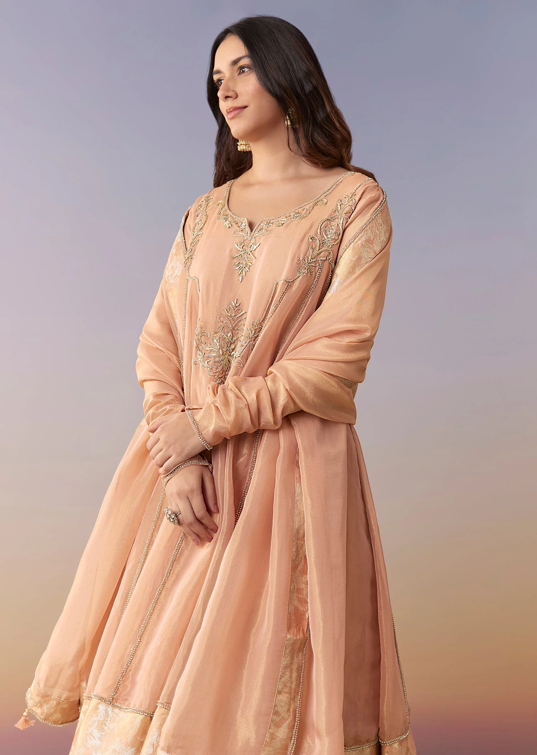 Peach Zardosi Tissue Anarkali Suit Set With Pant And Dupatta - Image 4