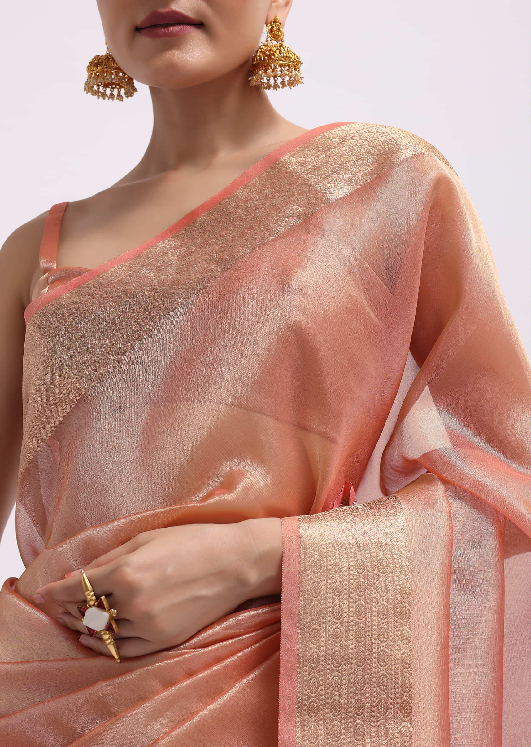 Peach Zari Woven Chanderi Saree With Unstitched Blouse - Image 2