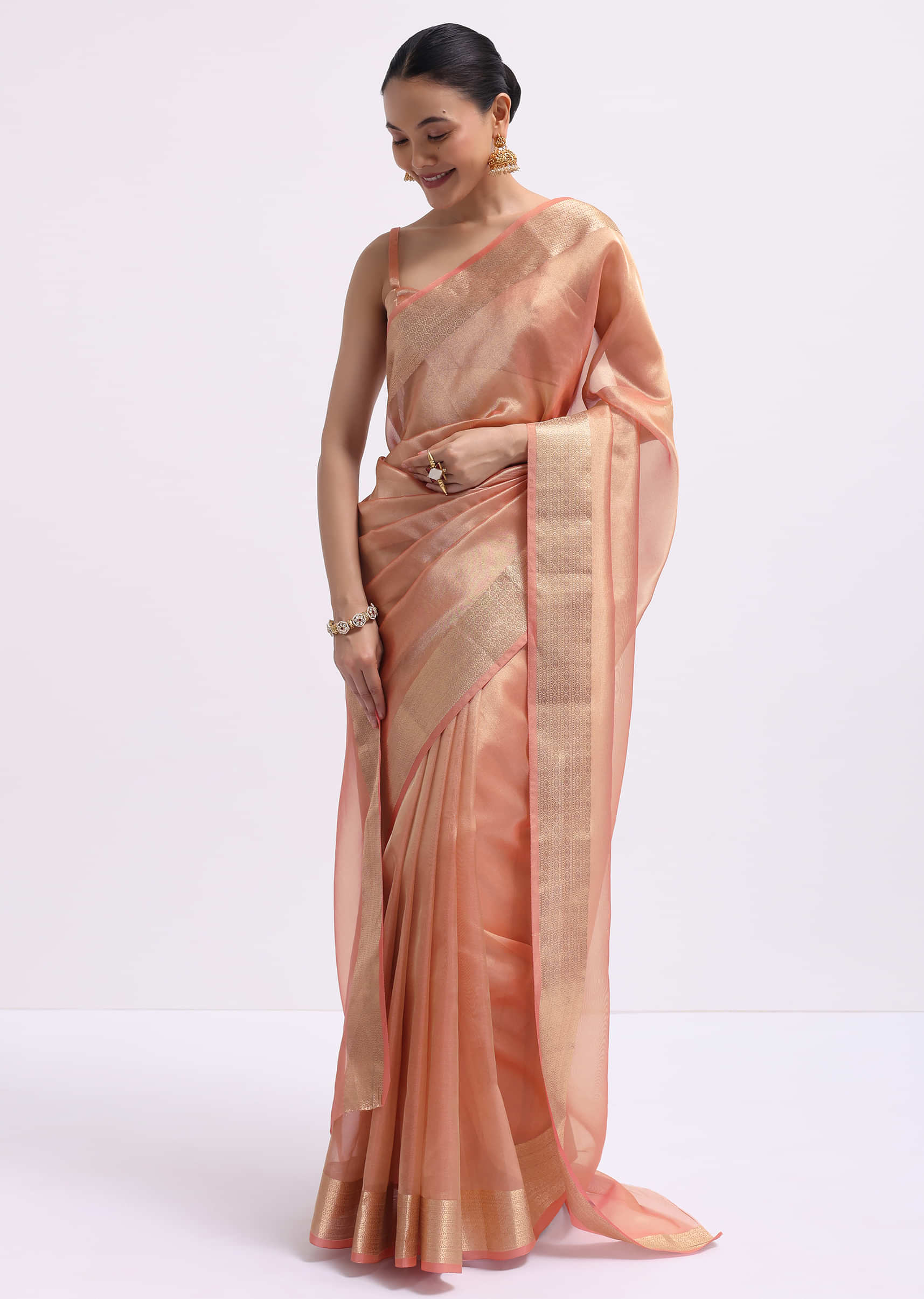 Peach Zari Woven Chanderi Saree With Unstitched Blouse - Image 3
