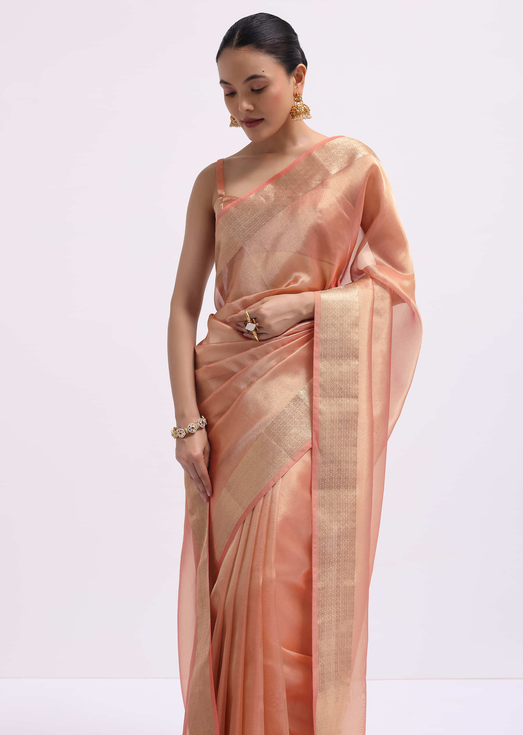 Peach Zari Woven Chanderi Saree With Unstitched Blouse - Image 4