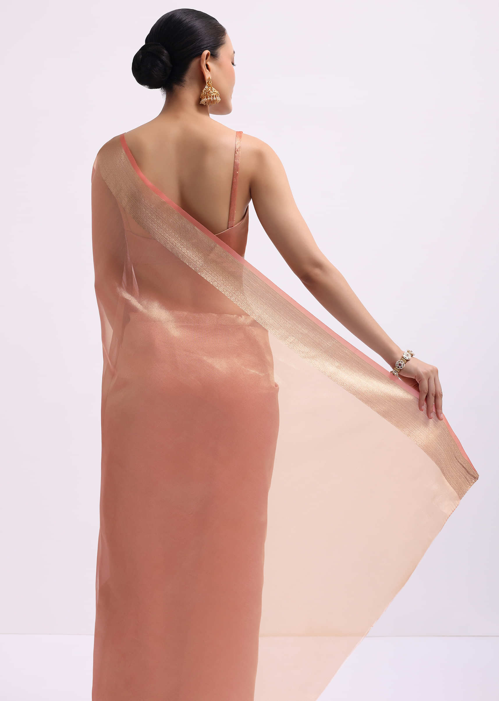 Peach Zari Woven Chanderi Saree With Unstitched Blouse - Image 5