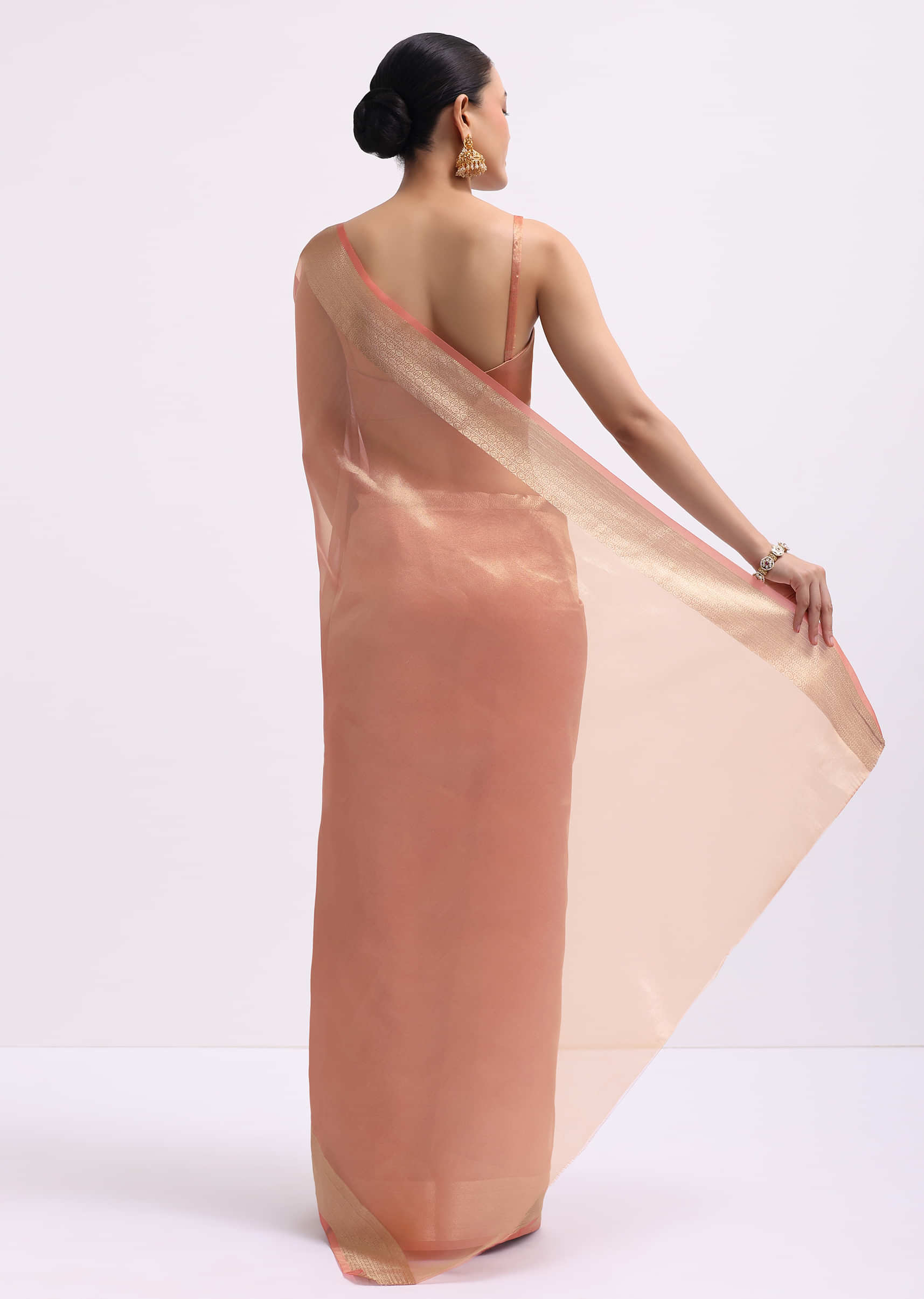 Peach Zari Woven Chanderi Saree With Unstitched Blouse - Image 6