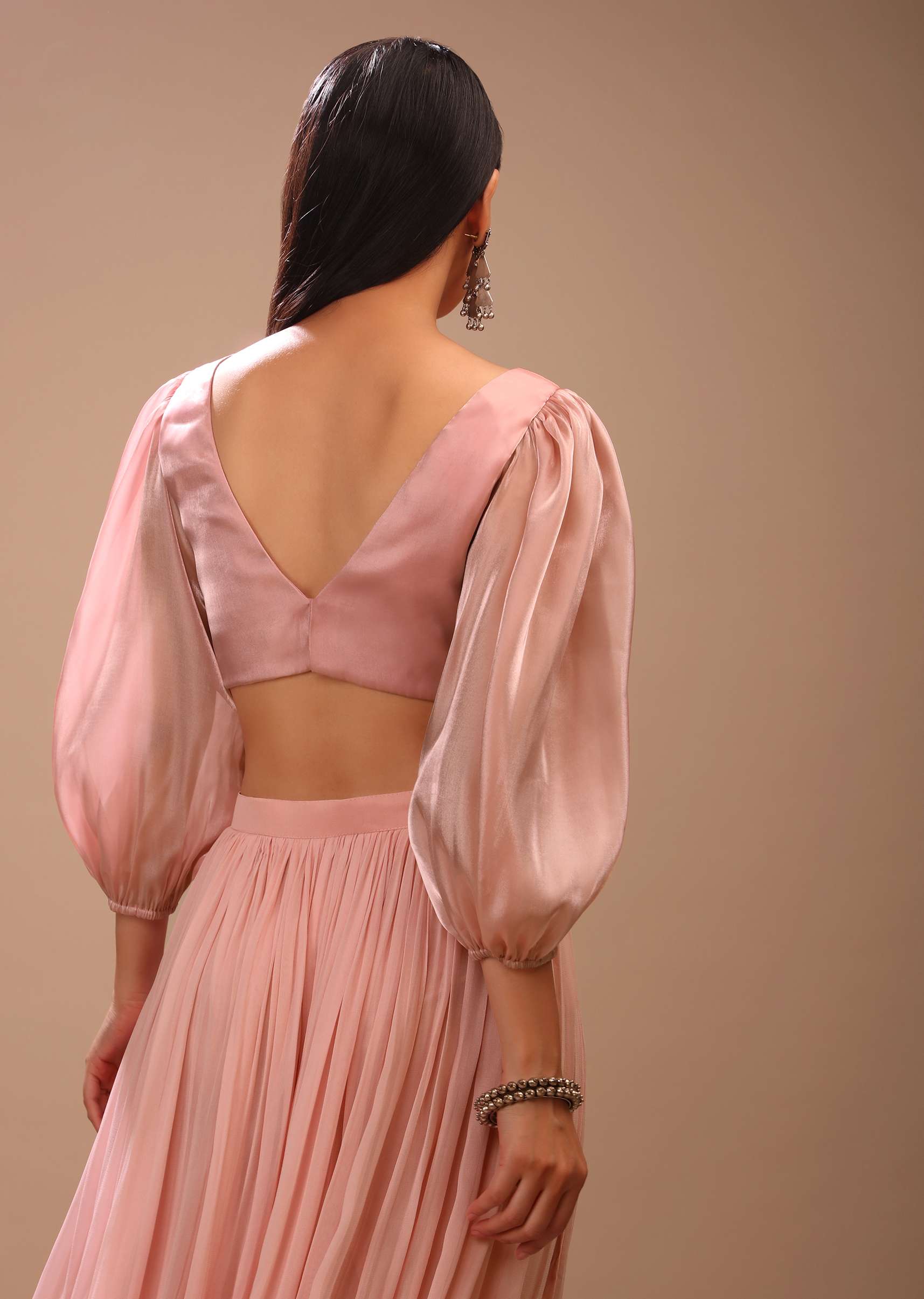 Peach skin Blouse In Organza With Plunging V Neckline And Three Quarter Balloon Sleeves - Image 2