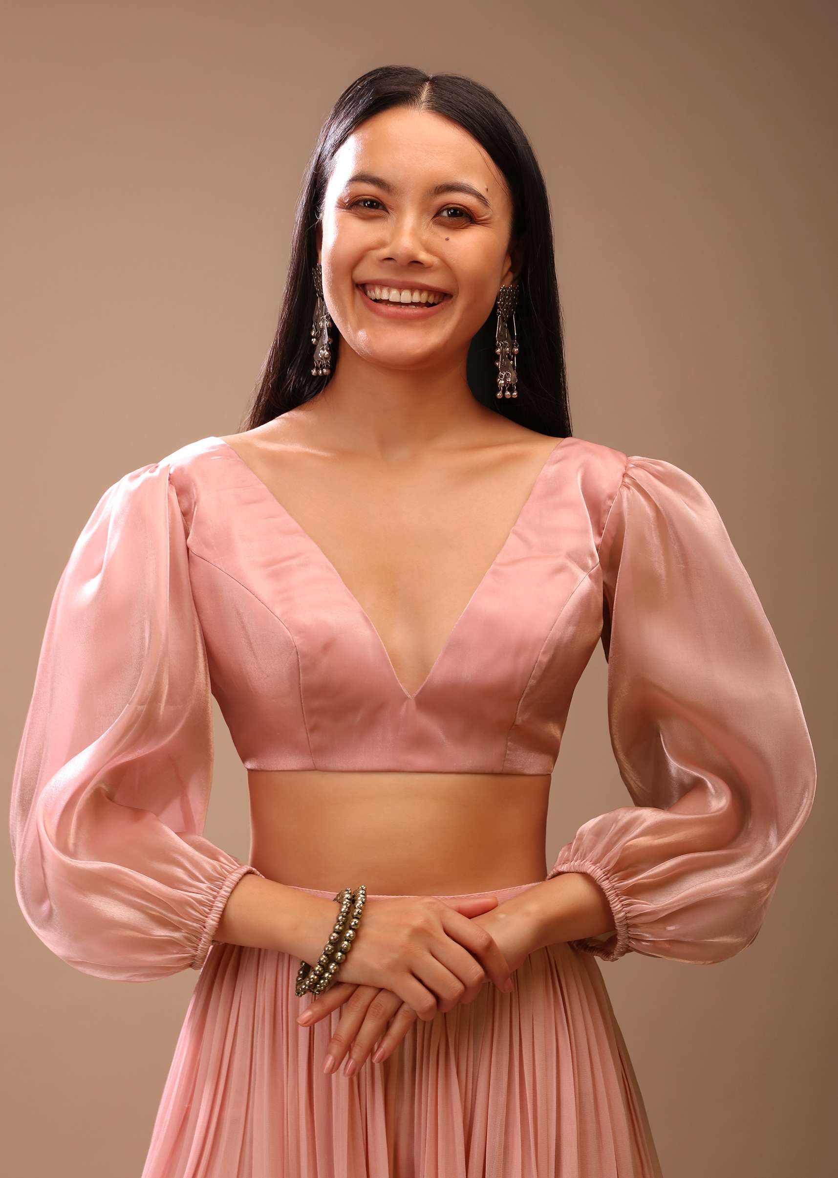 Peach skin Blouse In Organza With Plunging V Neckline And Three Quarter Balloon Sleeves - Image 3