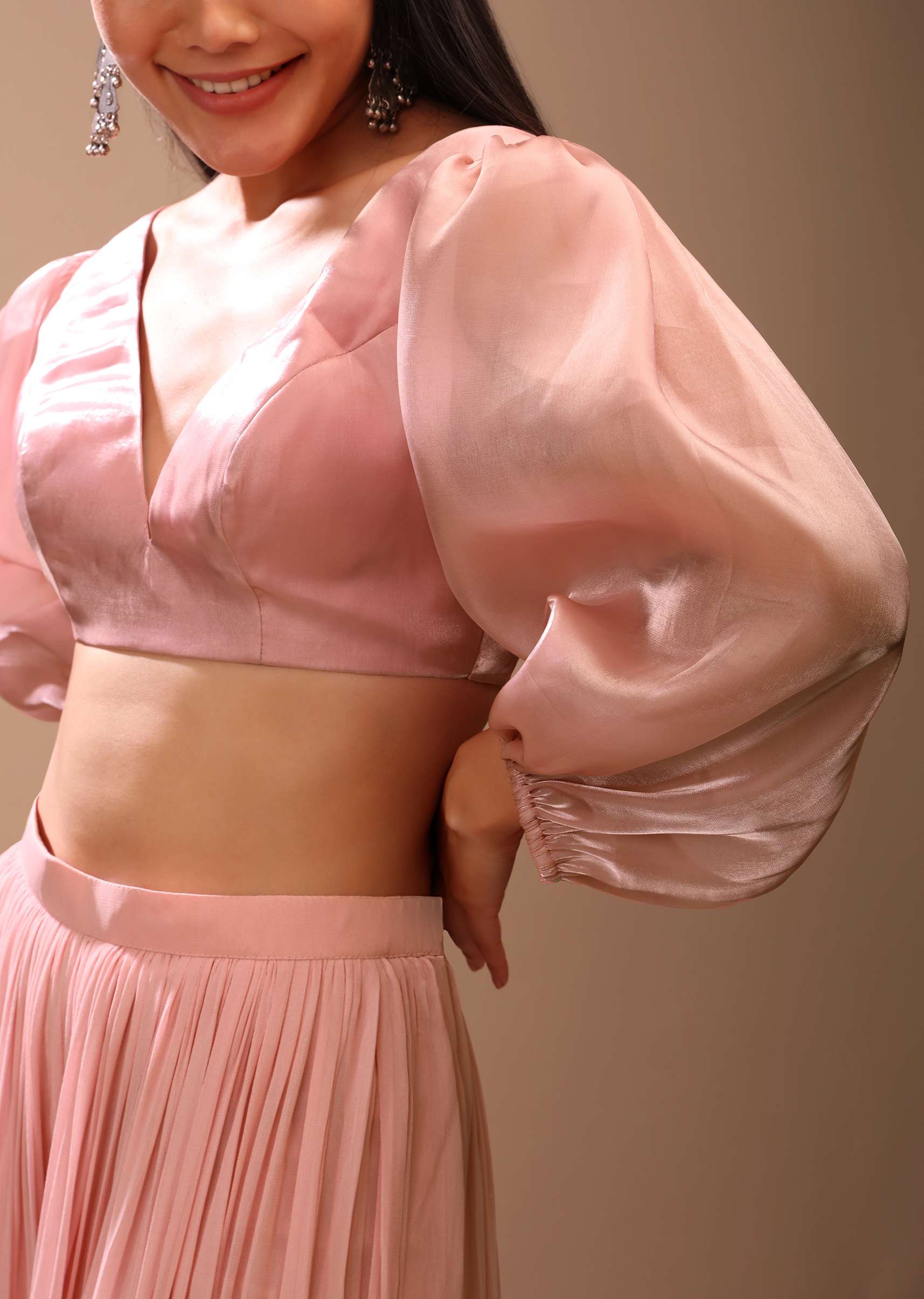 Peach skin Blouse In Organza With Plunging V Neckline And Three Quarter Balloon Sleeves - Image 4