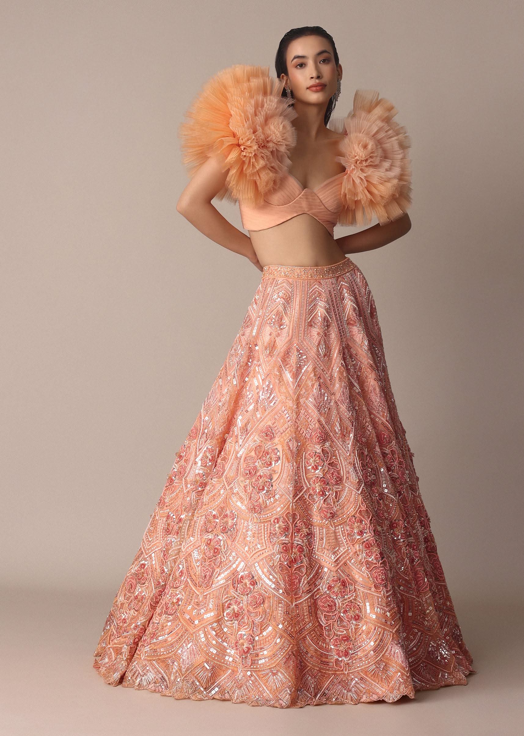 Peach Organza Embroidered Lehenga Set With Floral Ruffle Blouse - Image 2