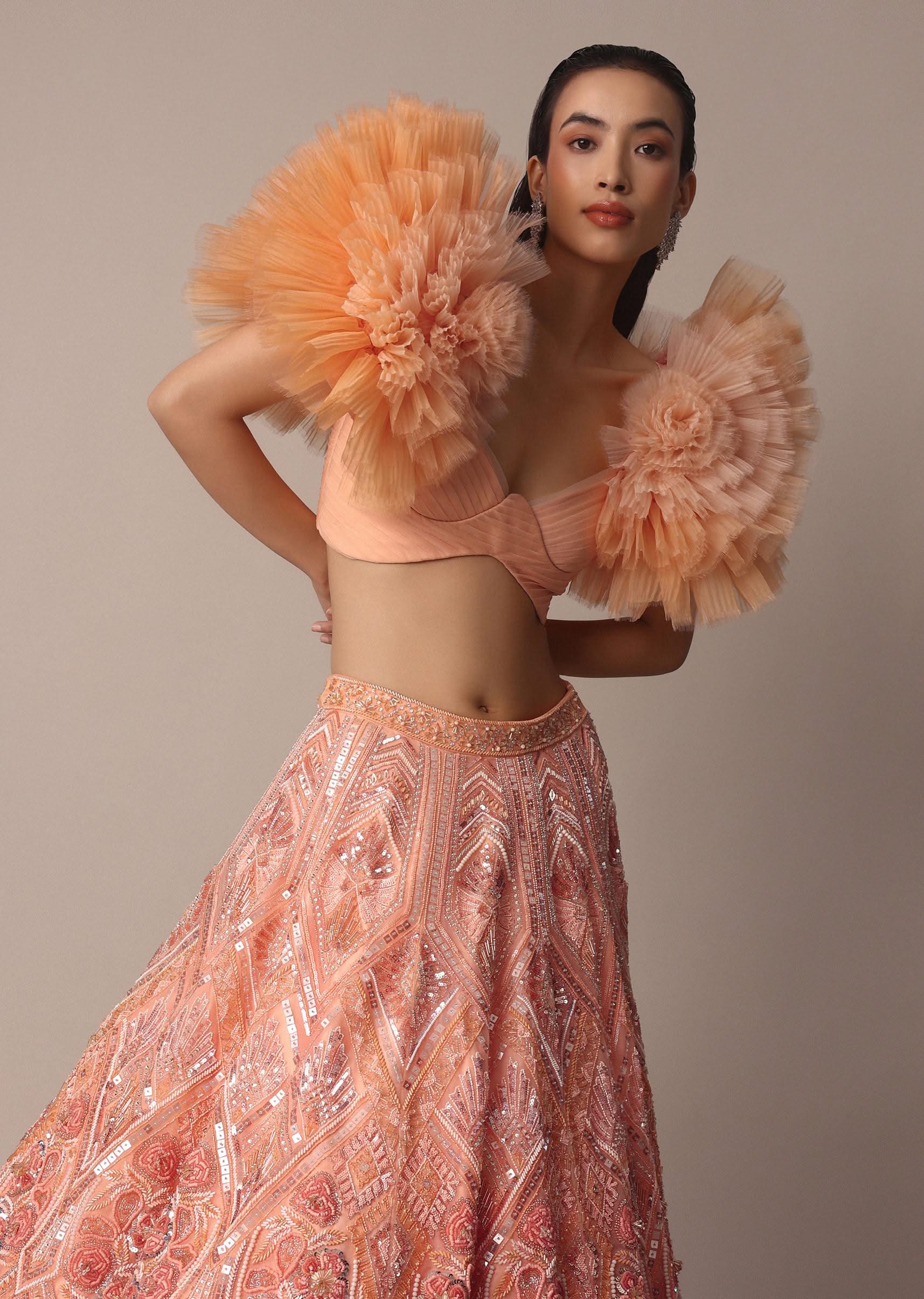 Peach Organza Embroidered Lehenga Set With Floral Ruffle Blouse - Image 3