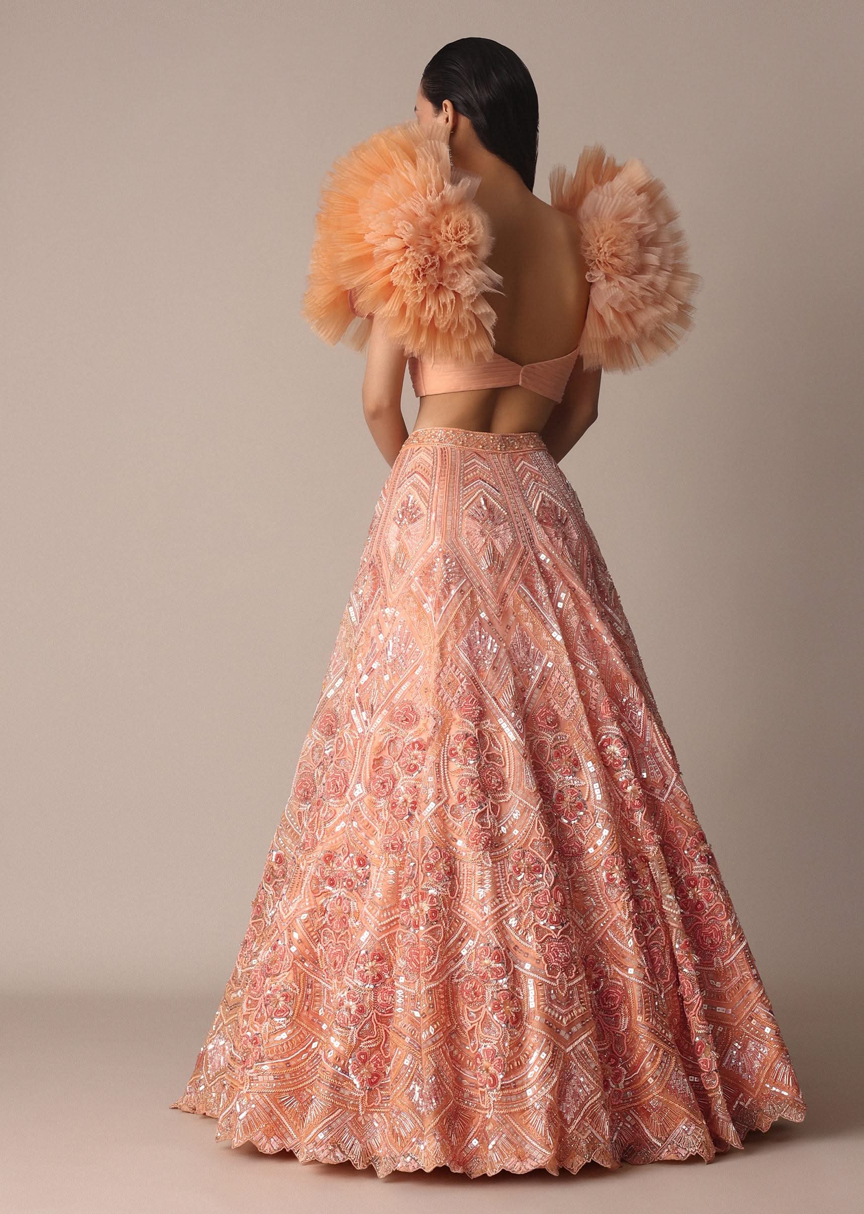 Peach Organza Embroidered Lehenga Set With Floral Ruffle Blouse - Image 4