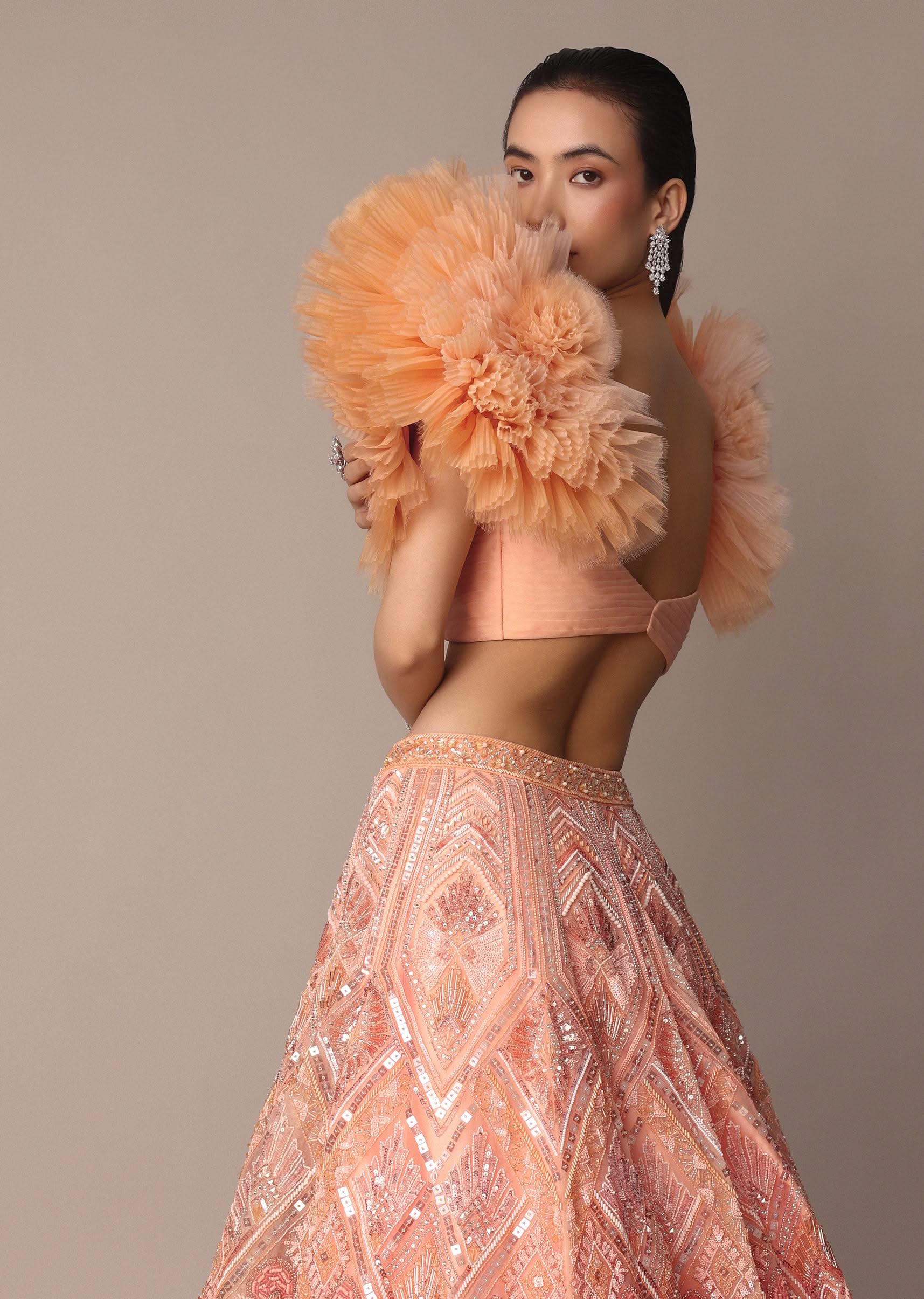 Peach Organza Embroidered Lehenga Set With Floral Ruffle Blouse - Image 6
