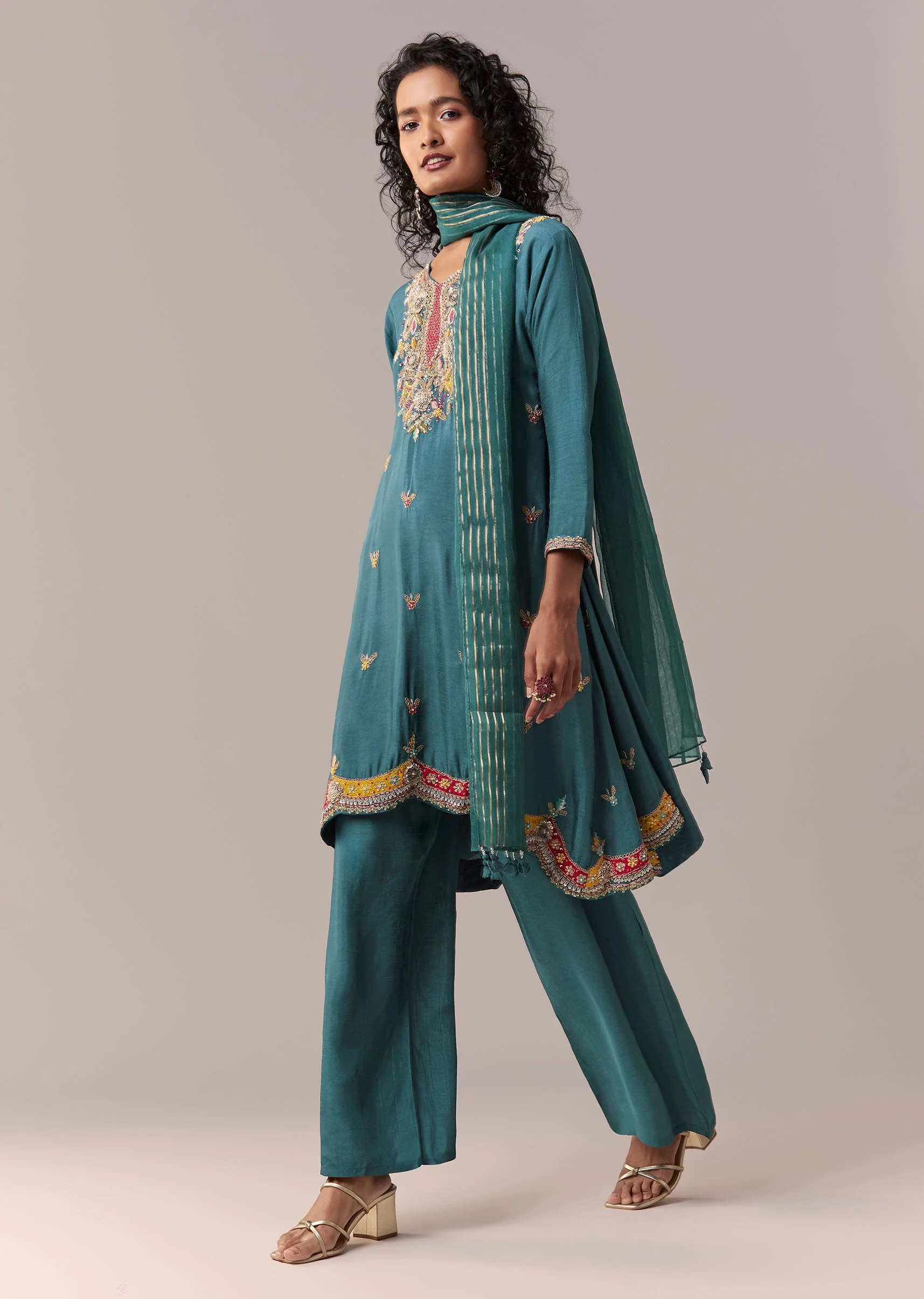 Peacock Blue Asymmetric Short Anarkali Set With Dupatta - Image 3