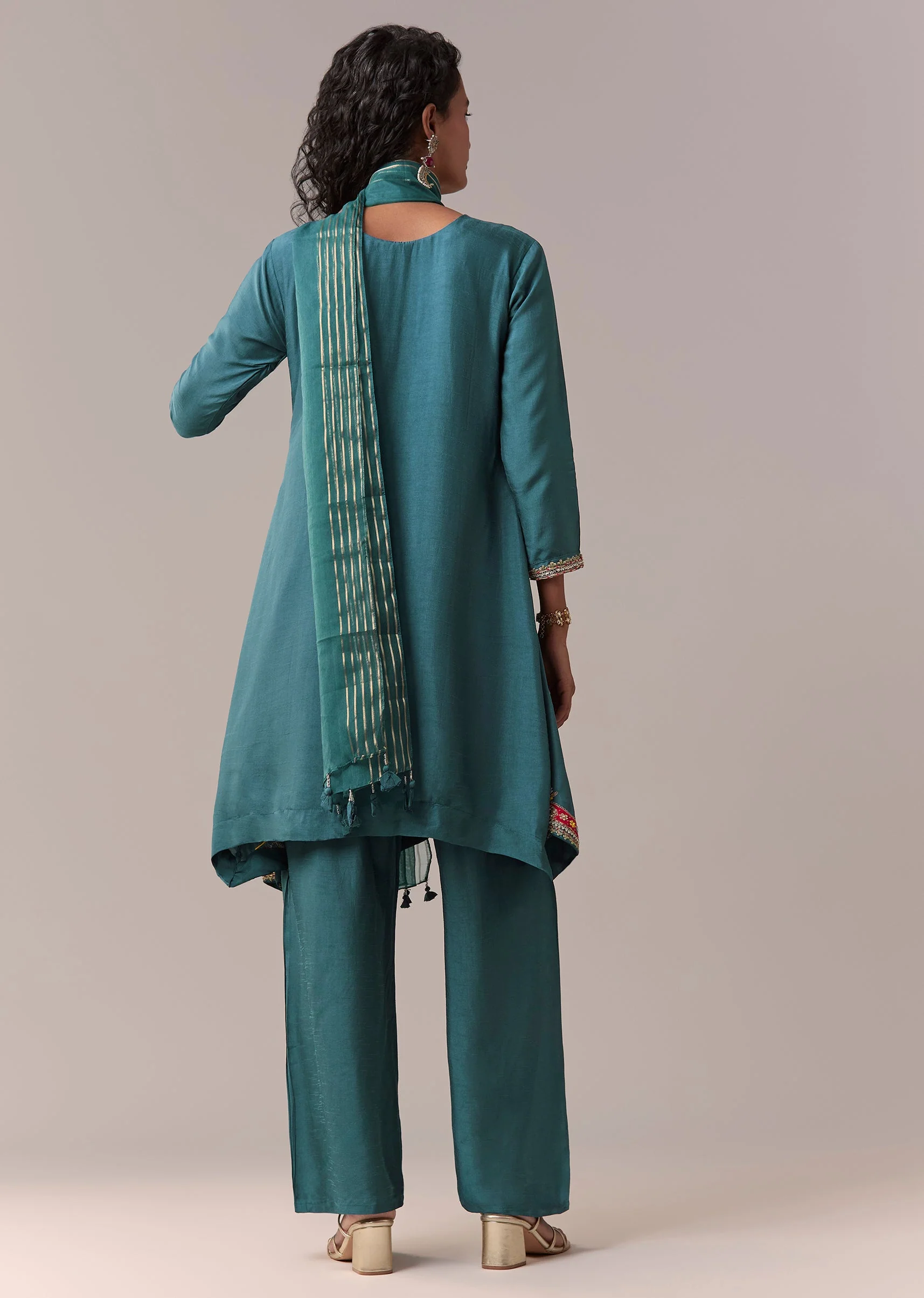 Peacock Blue Asymmetric Short Anarkali Set With Dupatta - Image 5