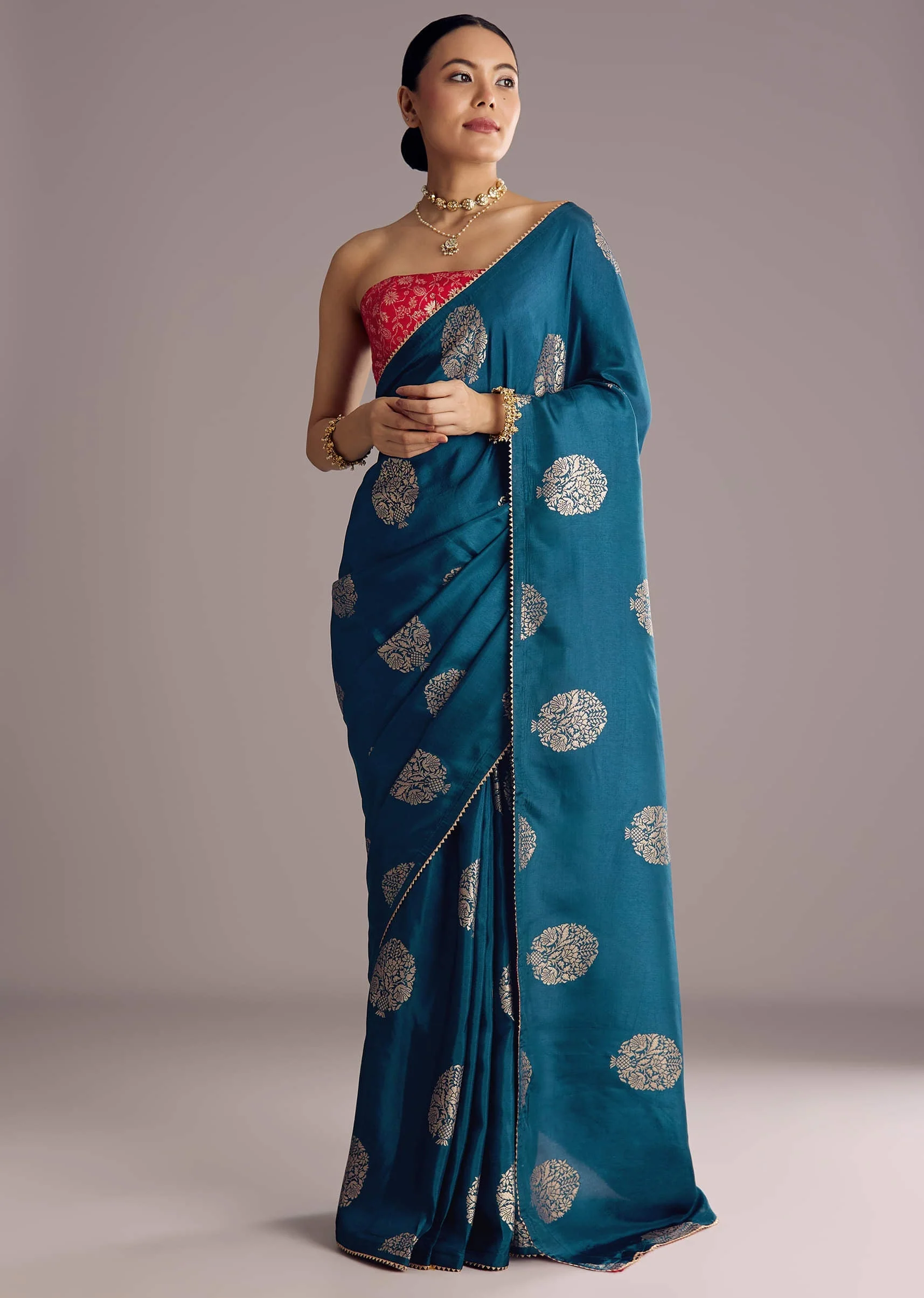 Peacock Blue Dola Silk Brocade Saree With Gotapatti Border - Image 5