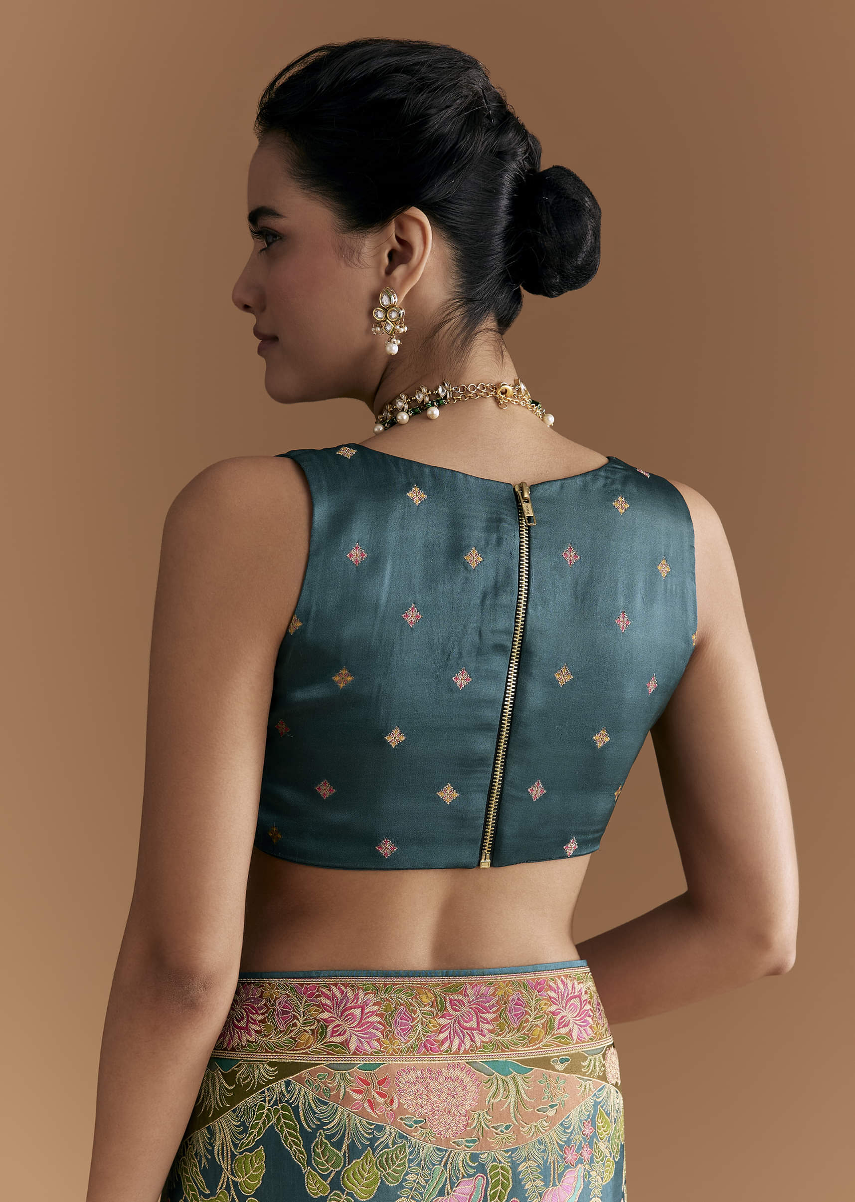 Peacock Blue Dola Silk Saree With Pichwai Weave And Embroidery - Image 8