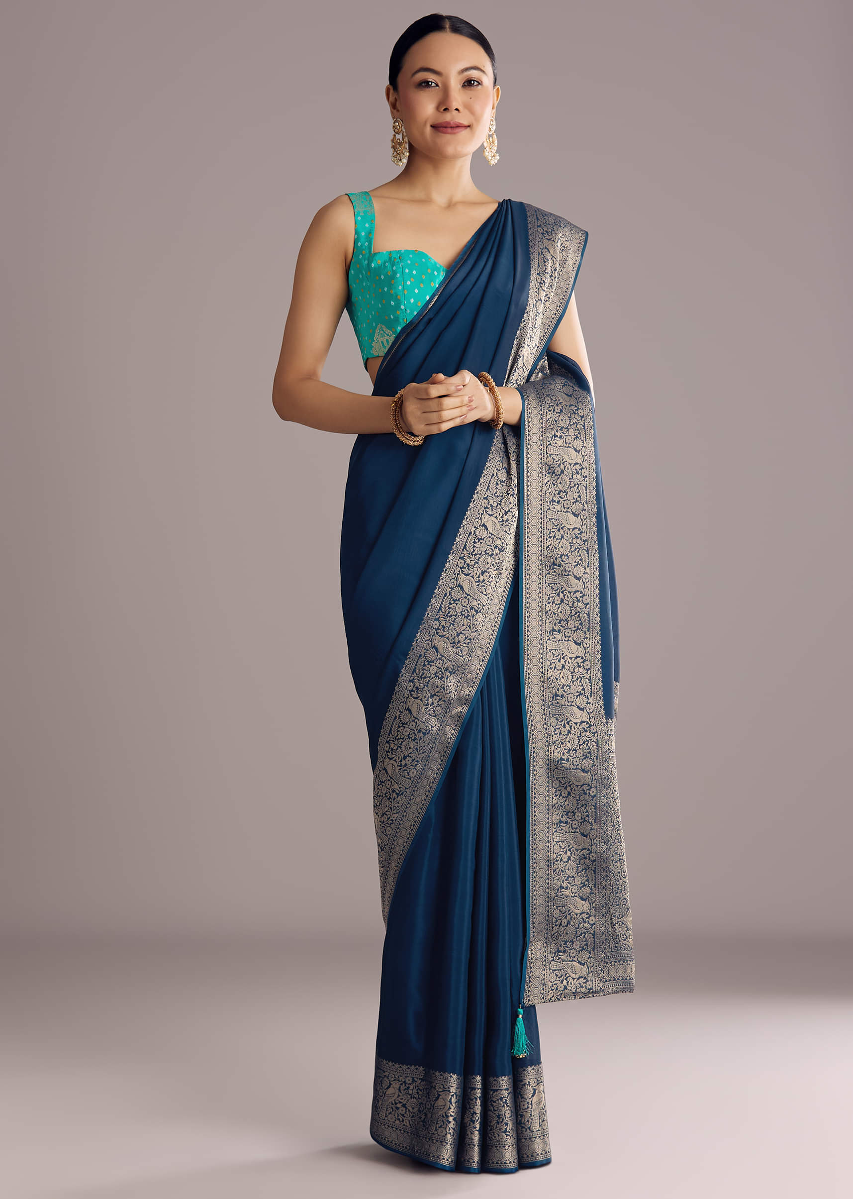 Peacock Blue Dola Silk Saree With Woven Border And Pallu - Image 2
