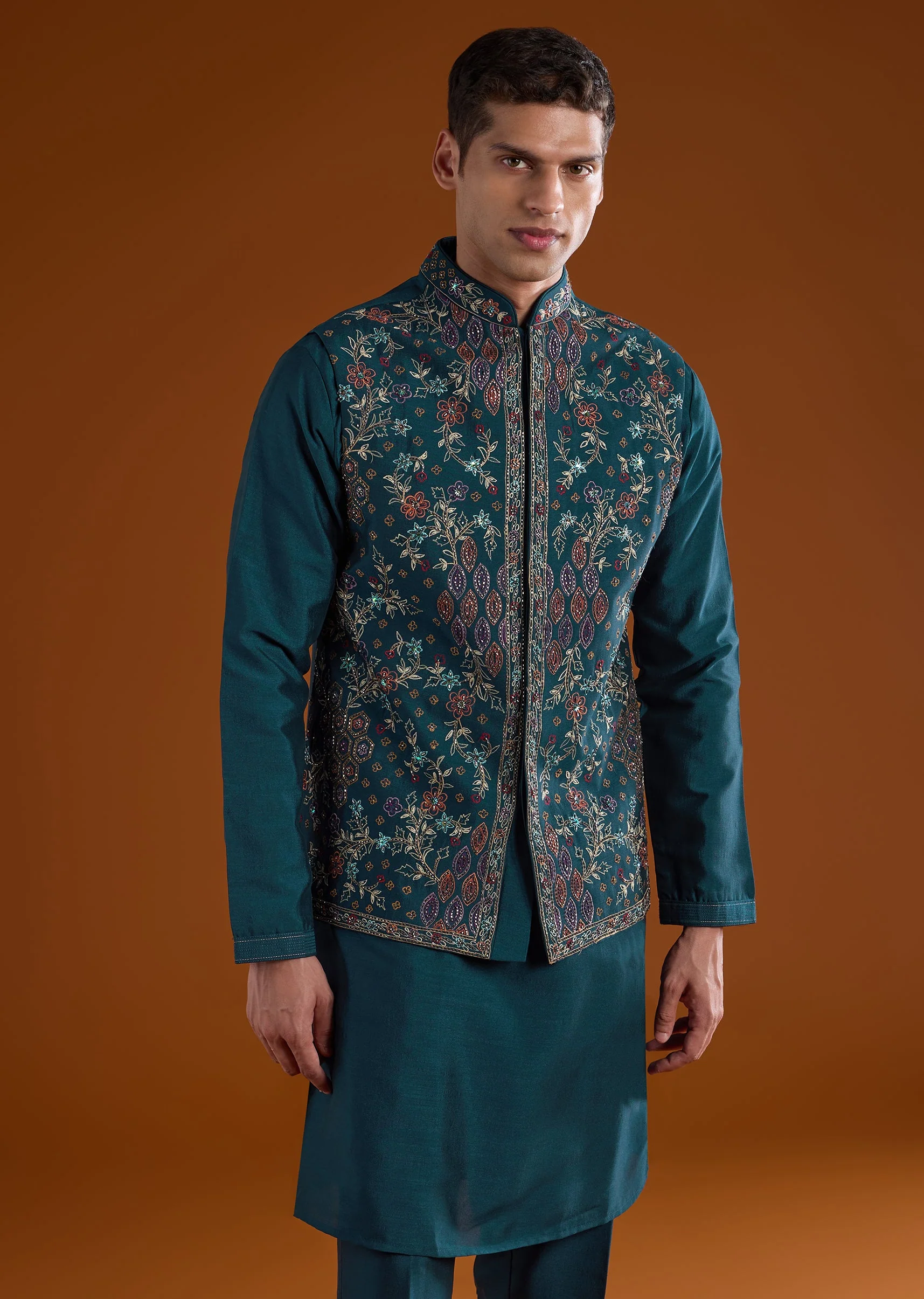 Peacock Blue Embroidered Silk Kurta Jacket Set - Image 4