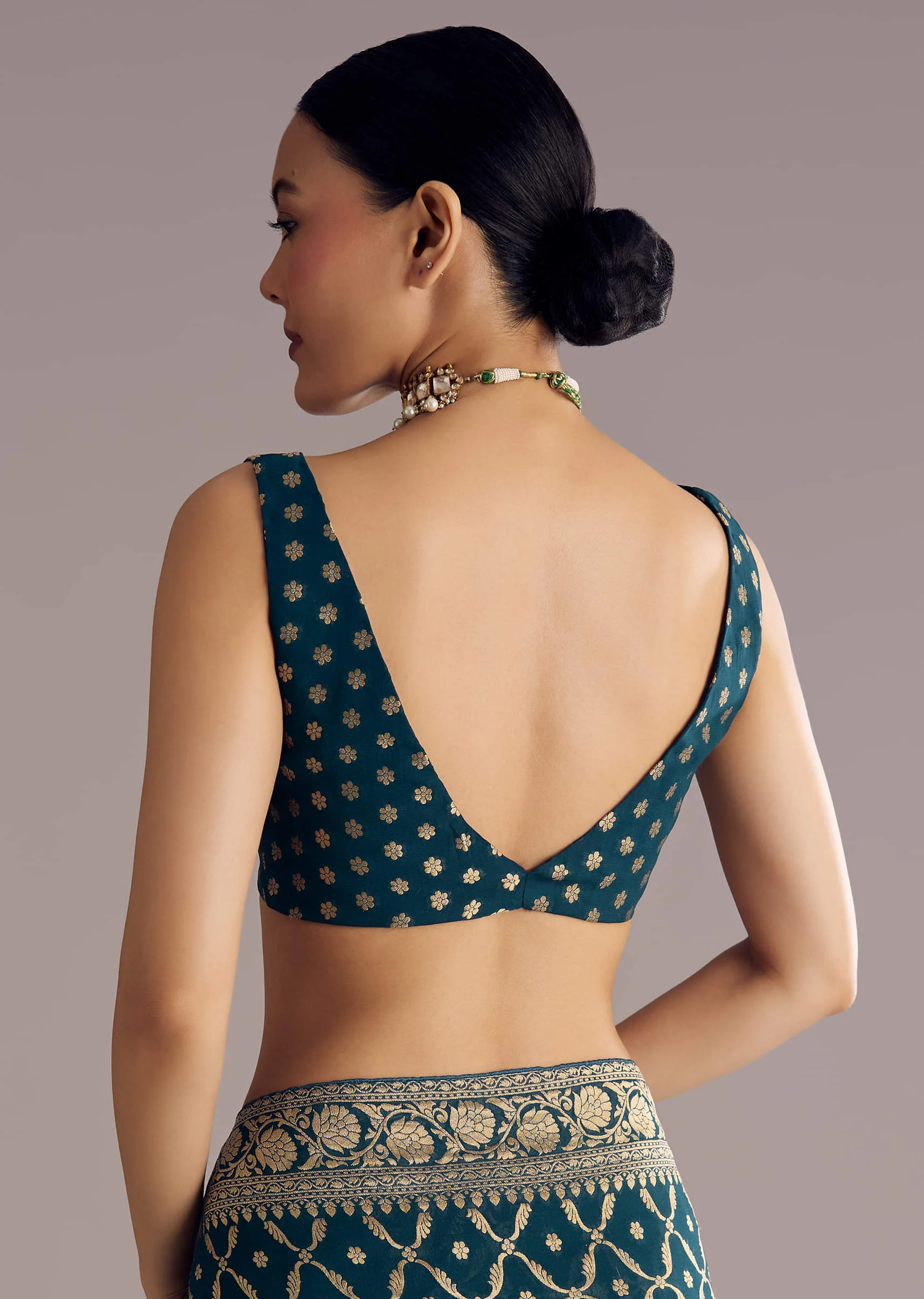 Peacock Blue Georgette Woven Saree With Floral Border - Image 8