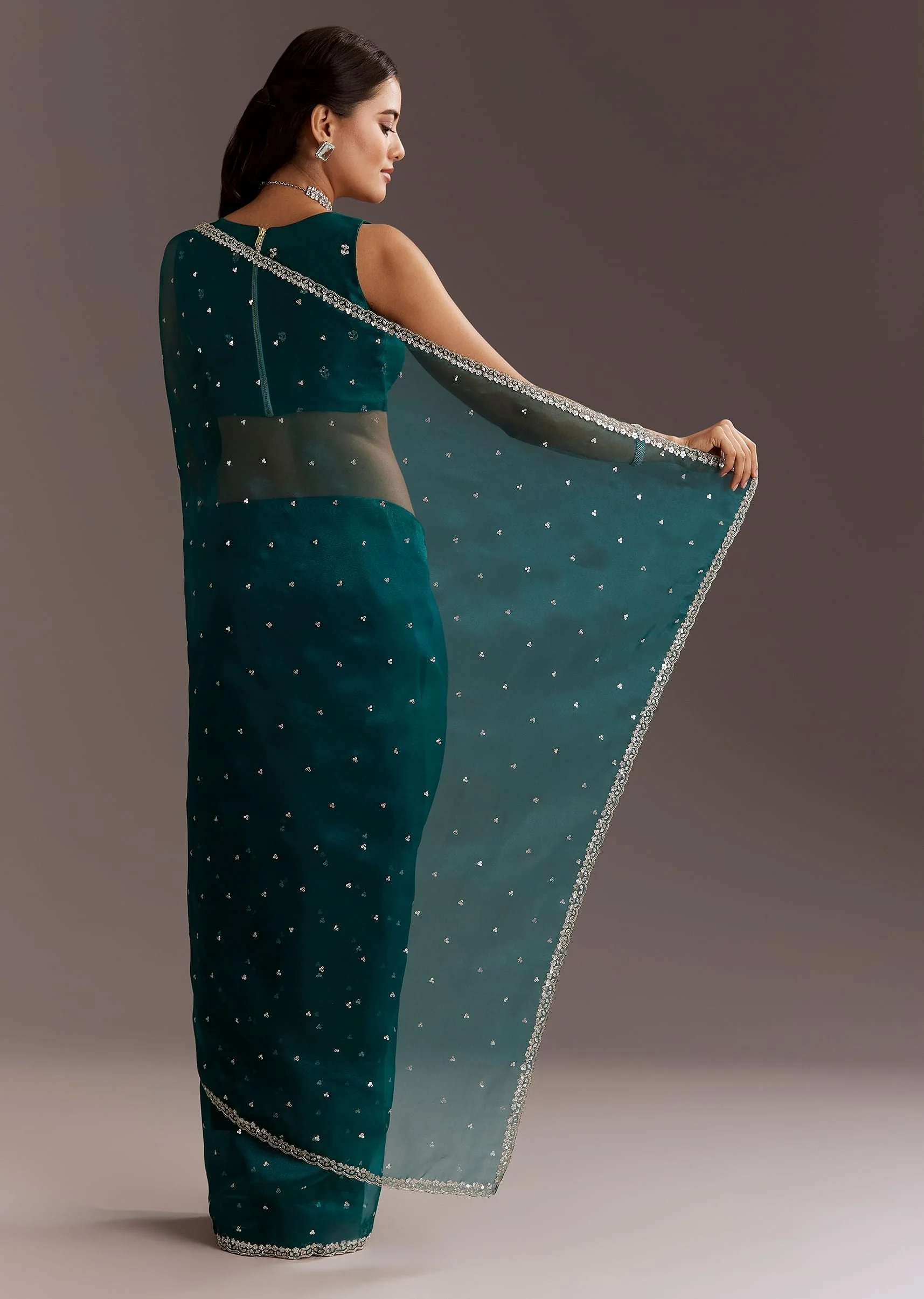 Teal Green Glass Tissue Saree With Cutdana And Sequins Scallop Border - Image 6