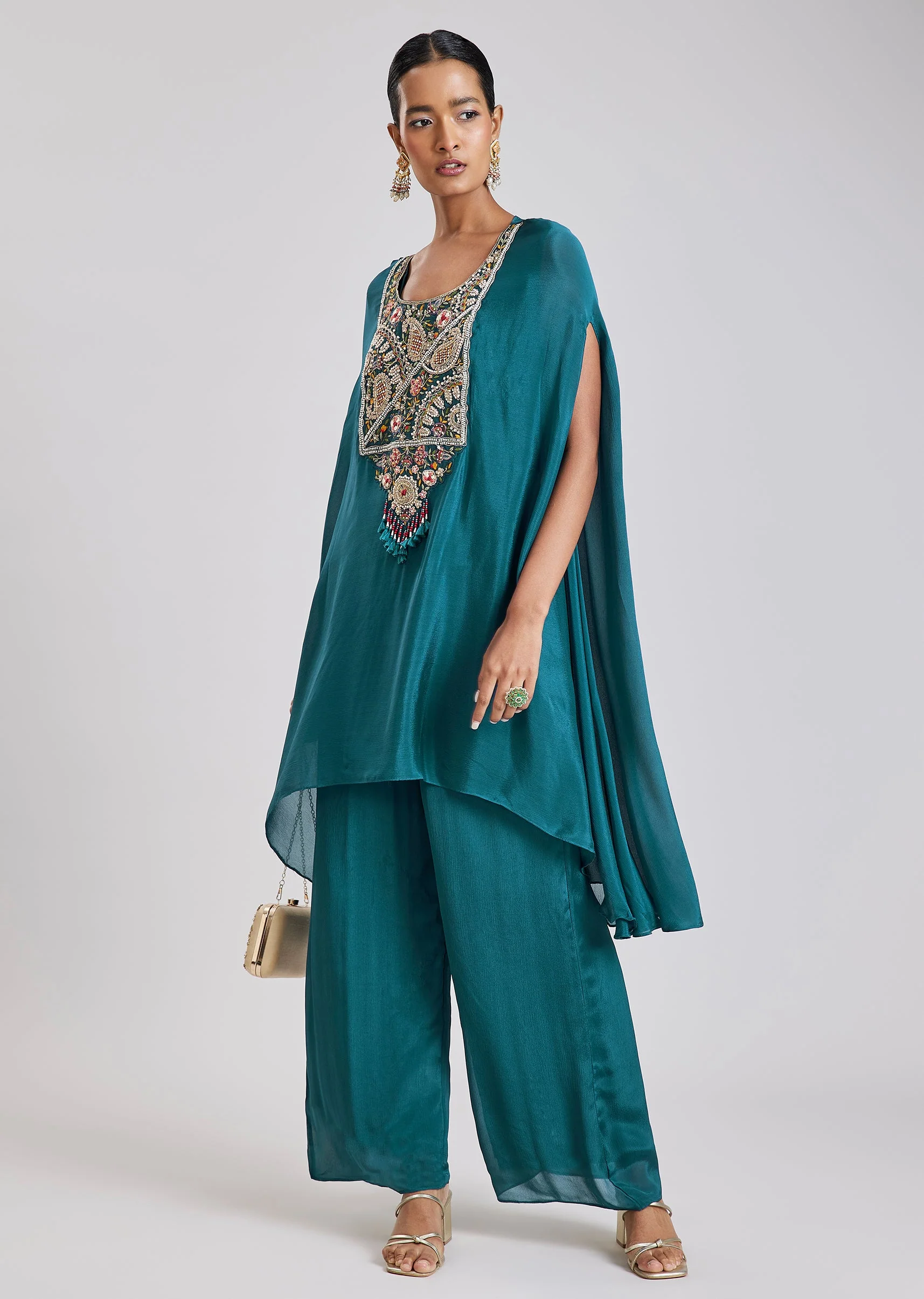 Peacock Blue Kaftan Top Palazzo Set - Image 3