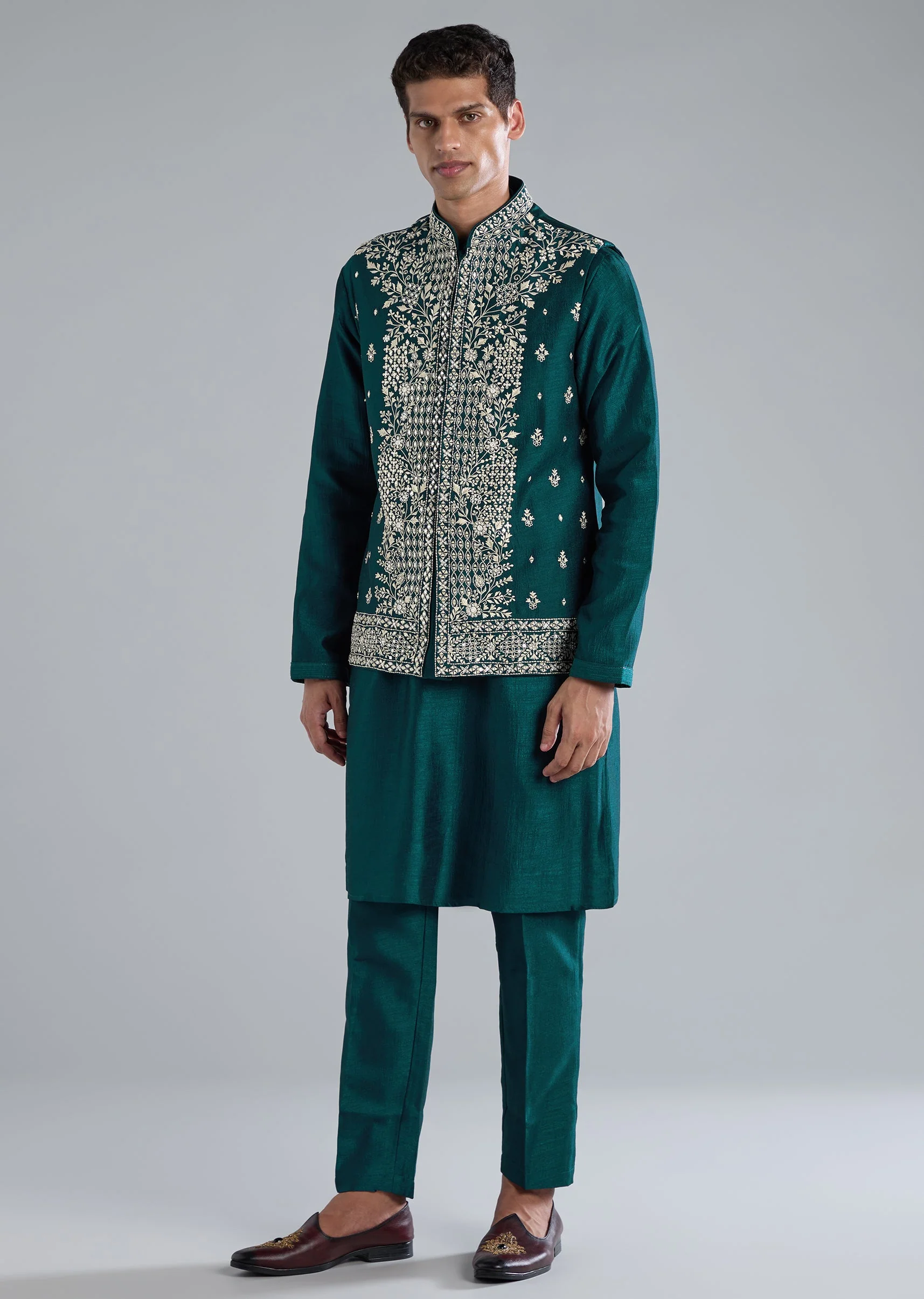 Peacock Blue Kurta Jacket Set With Mirror Thread And Resham Detailing - Image 3