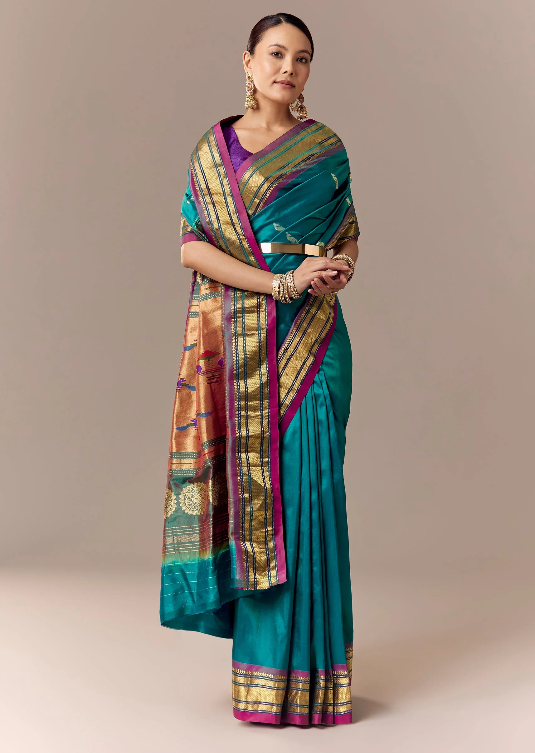 Peacock Blue Maharani Paithani Saree with Wine Pallu