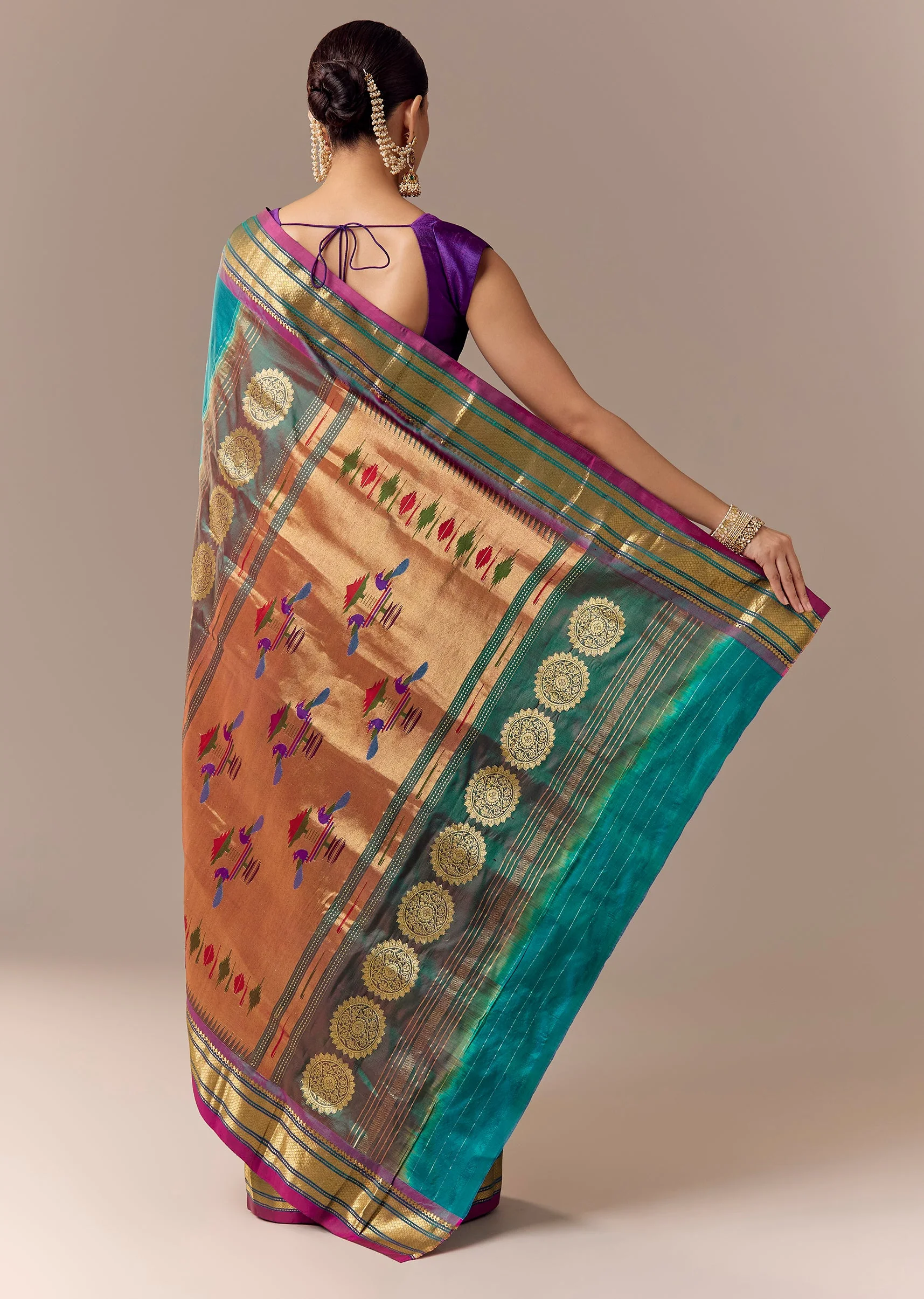 Peacock Blue Maharani Paithani Saree with Wine Pallu - Image 4