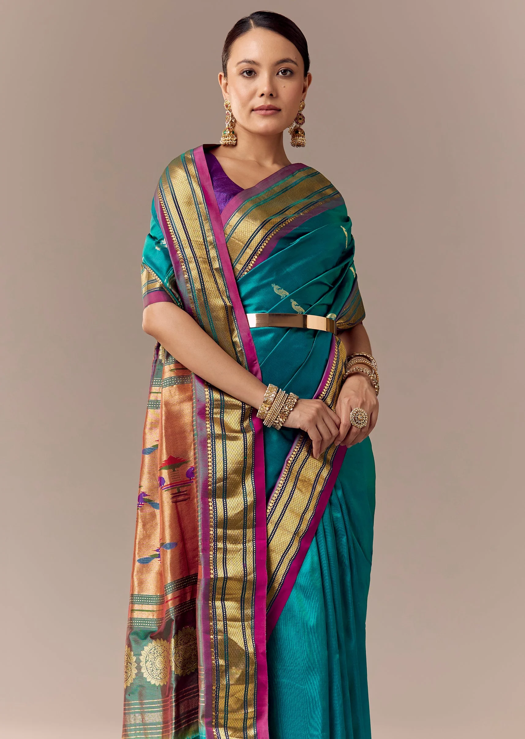 Peacock Blue Maharani Paithani Saree with Wine Pallu - Image 5
