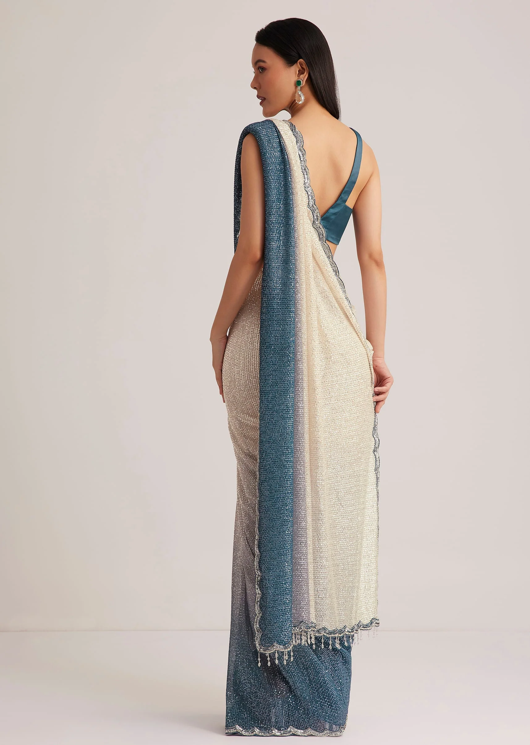 Peacock Blue Ombre Sequins Saree With Scalloped Embroidered Border - Image 4