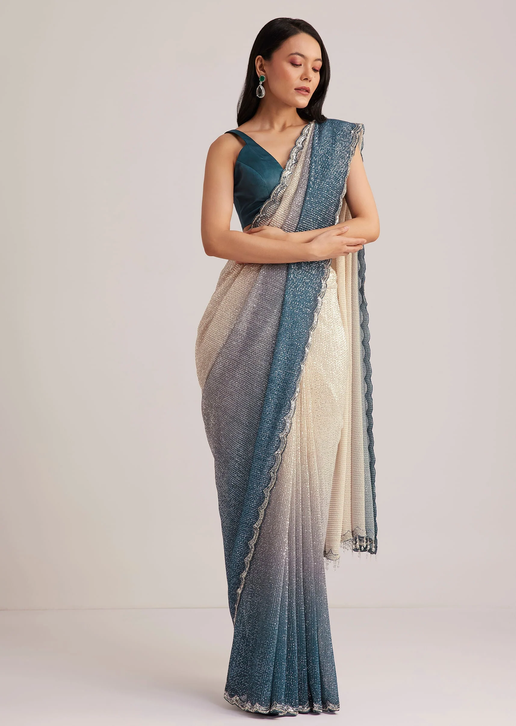 Peacock Blue Ombre Sequins Saree With Scalloped Embroidered Border - Image 5