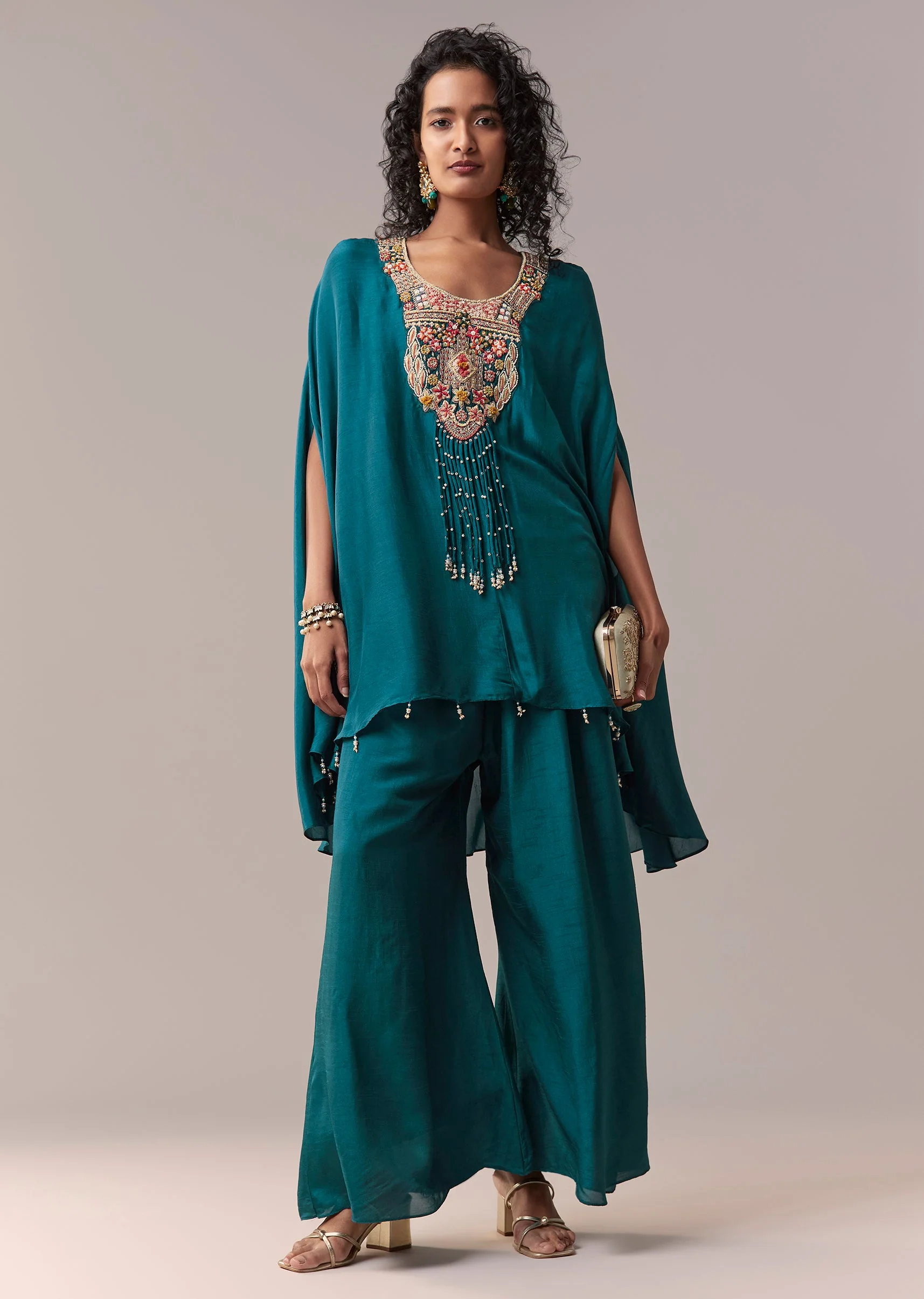 Peacock Blue Silk Cape Co-ord Set - Image 3