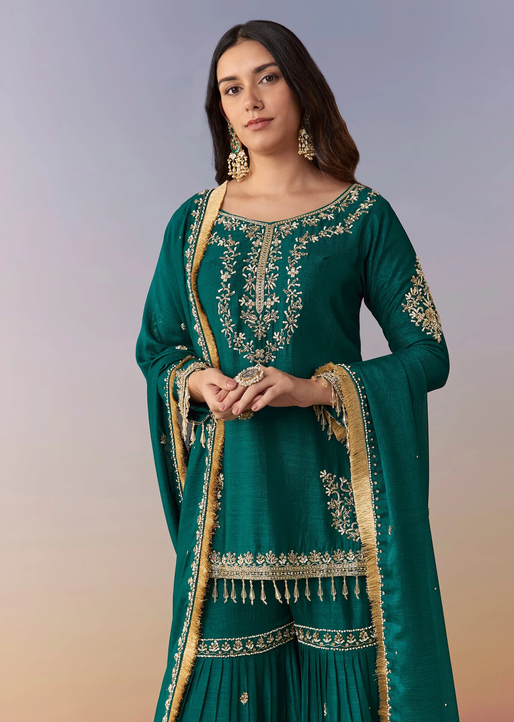 Peacock Blue Zardosi Sharara Suit Set With Dupatta - Image 4