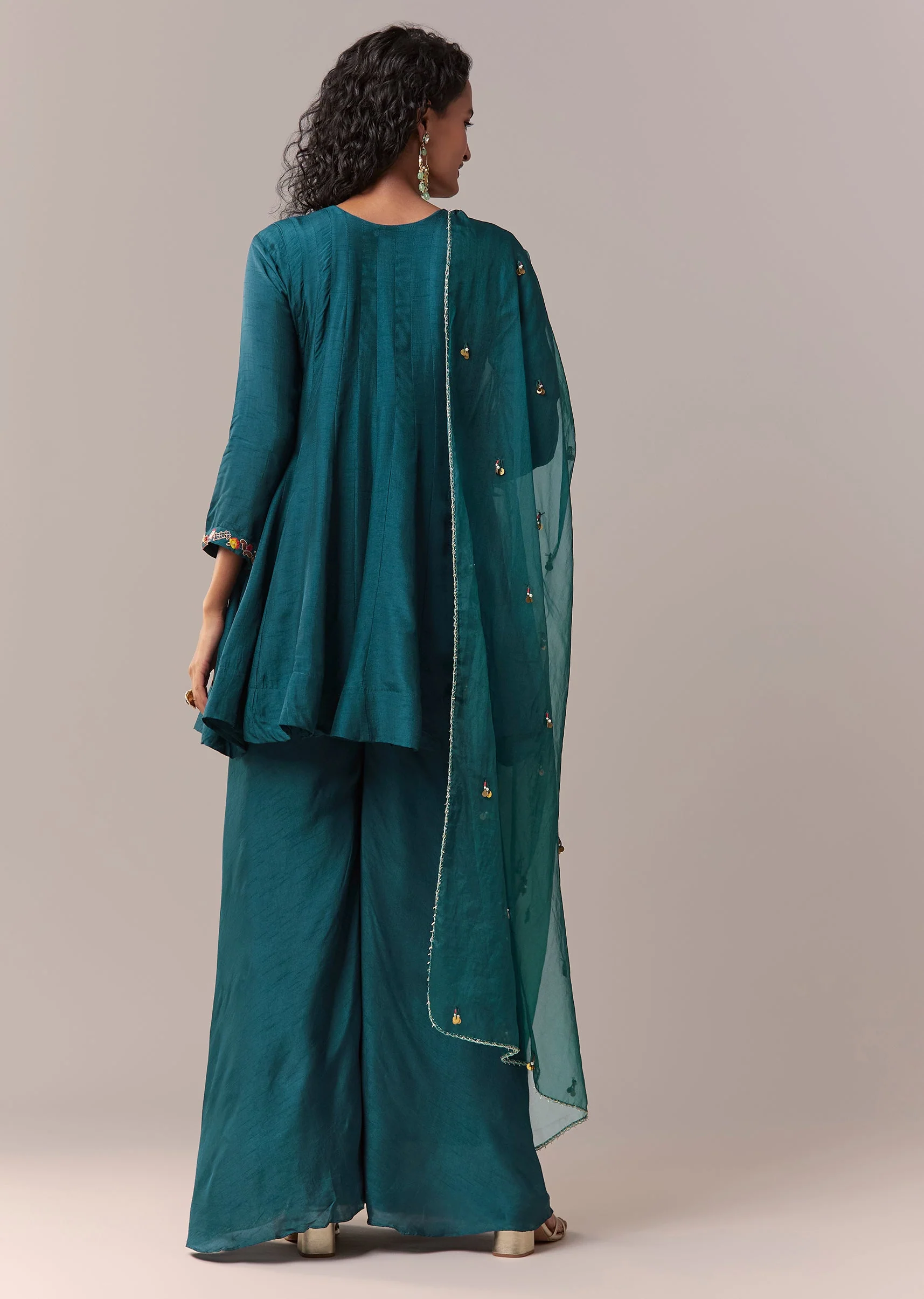 Peacock Blue Zardosi & Thread Palazzo Set With Dupatta - Image 5