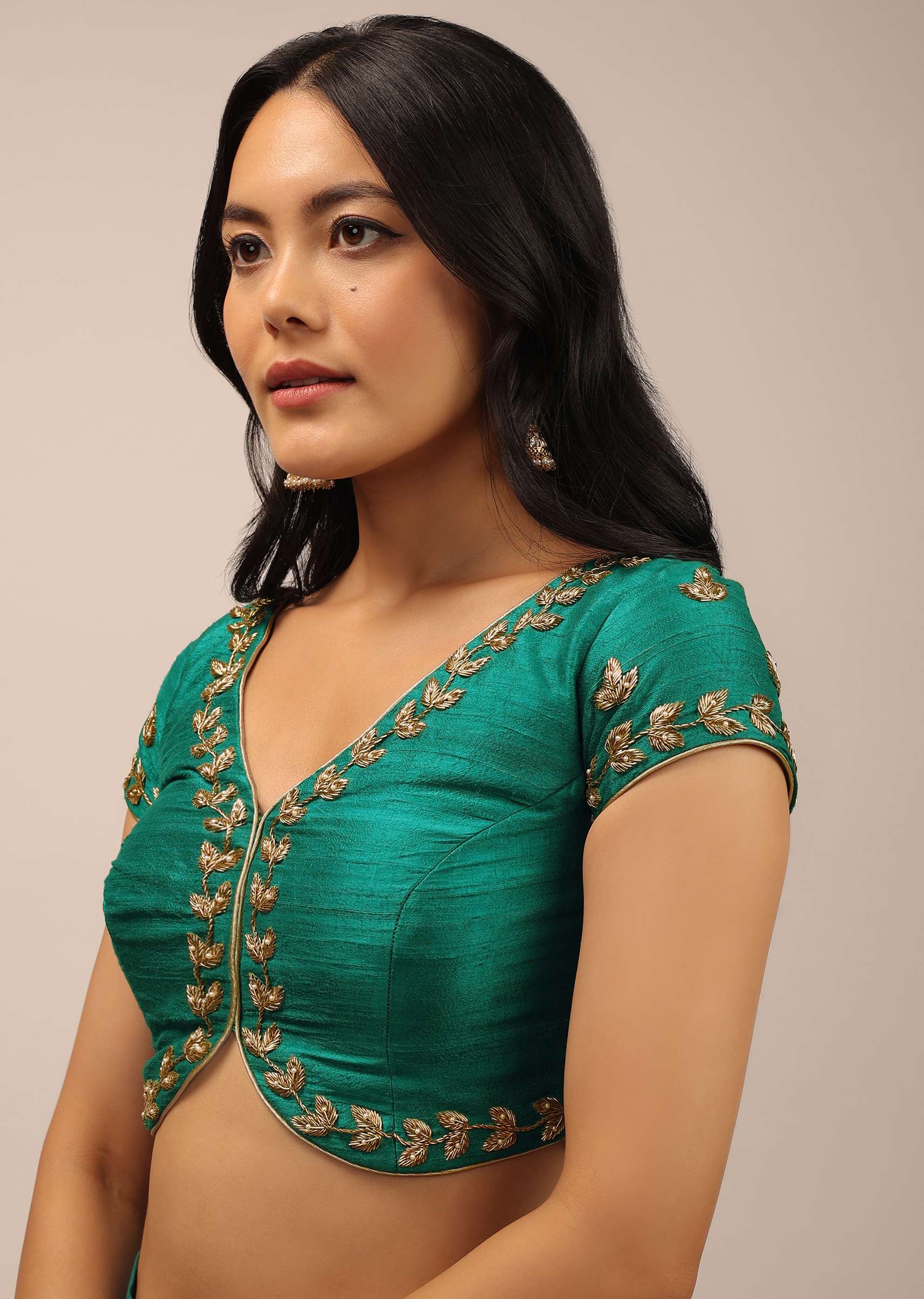 Peacock Green Blouse In Raw Silk With Zardosi Embroidery And A Diamond Cut Out On The Back - Image 2